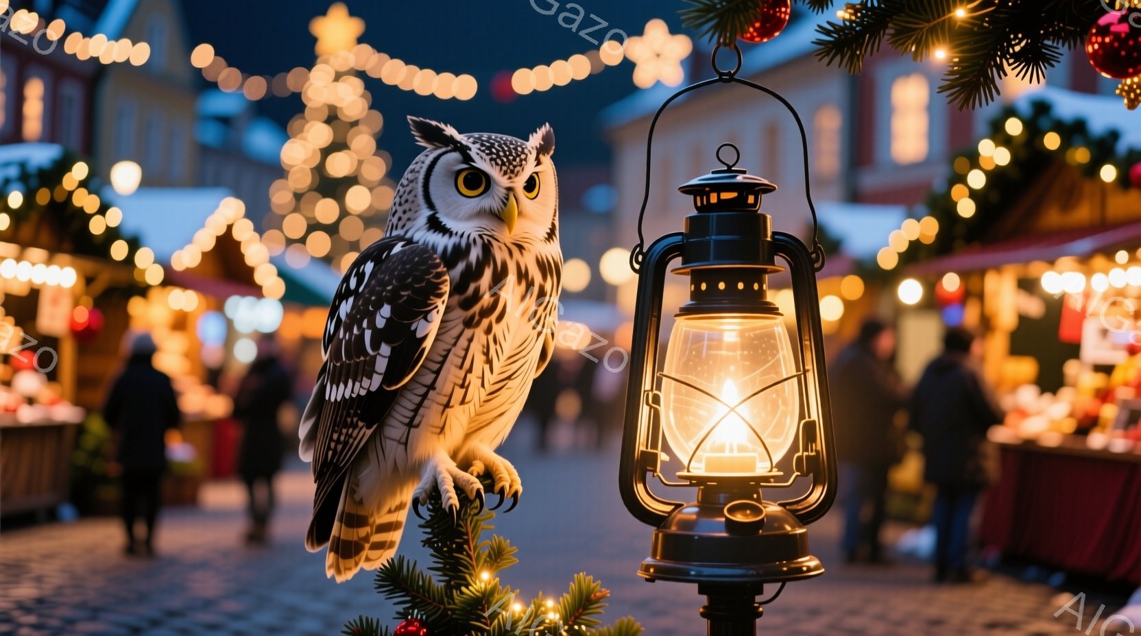 白いフクロウがクリスマスツリーの上にとまっており、背後には点灯したランタンが暖かく光っている。背景はクリスマスマーケットの賑わいを見せ、ぼやけた人影や屋台が並び、街並みは暗闇の中に光の帯が広がっている - AI生成フリー素材