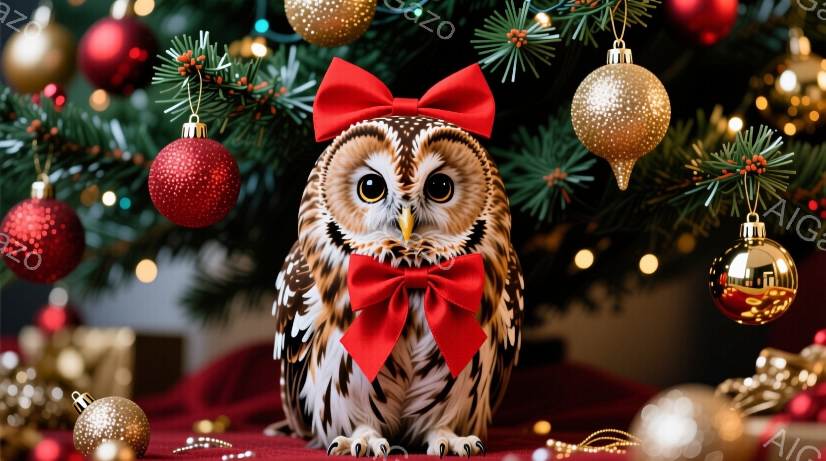 フクロウが赤いリボンをつけて、真っ赤なベルベットのような背景に座っています。背景にはクリスマスツリーがぼやけて写り、金と赤のオーナメントが飾られています。全体的に暖かく、お祝いの雰囲気があり、フクロウ - AI生成フリー素材