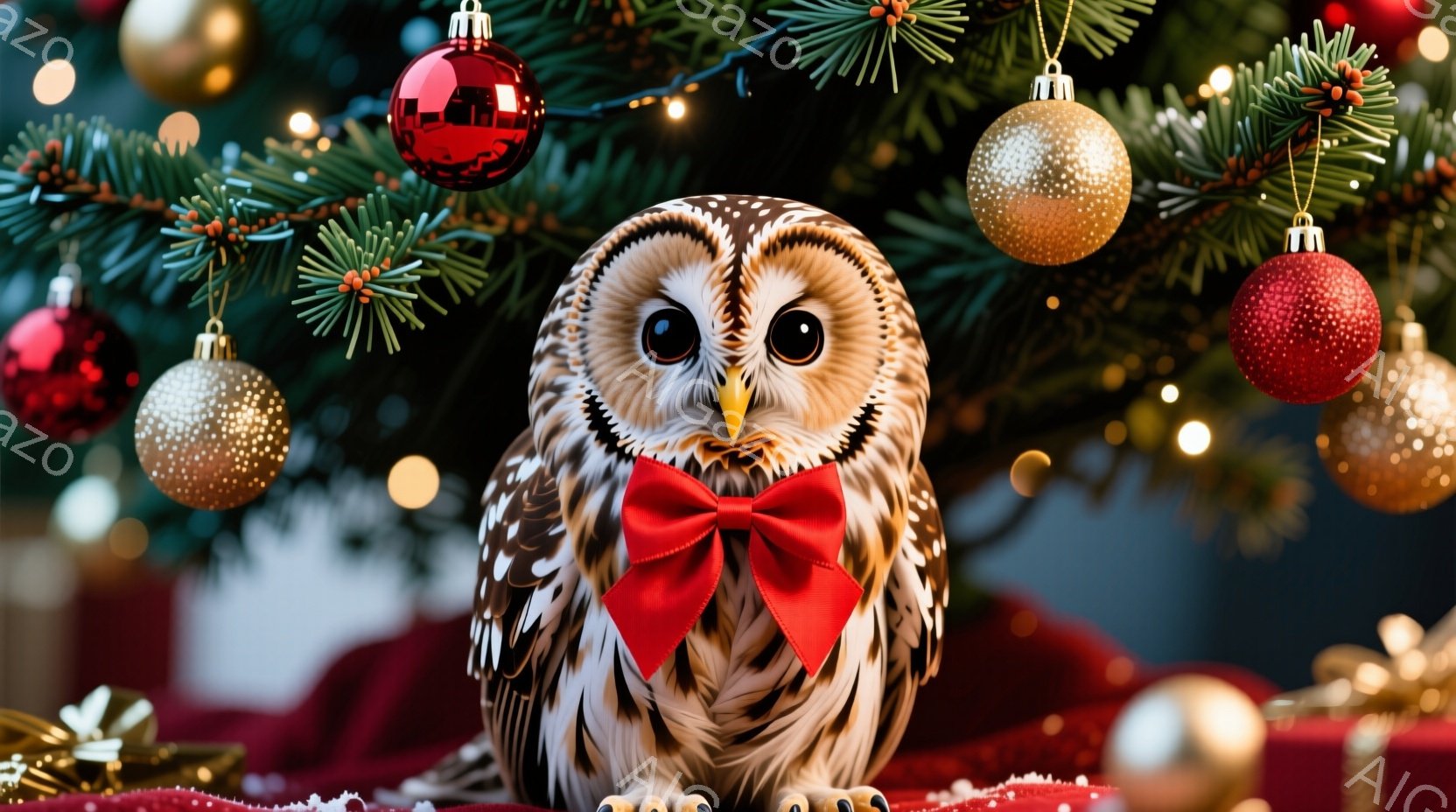 ふくろうが赤いリボンをつけて、真っ直ぐ前を見つめています。背景にはクリスマスツリーの緑豊かな枝と、赤と金の輝くオーナメントが散りばめられており、冬の暖かく華やかな雰囲気を醸し出しています。赤いベルベッ - AI生成フリー素材