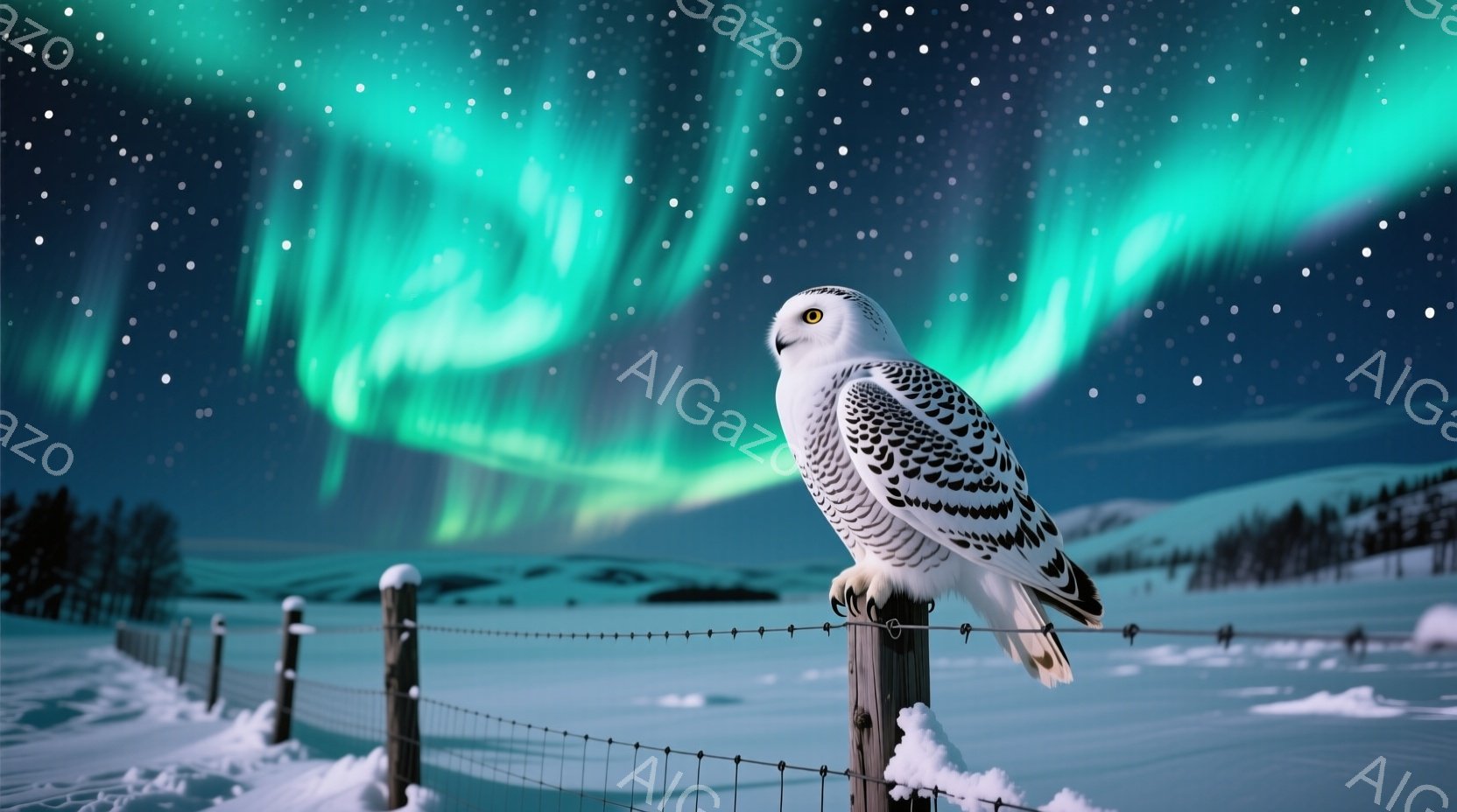 白い雪の風景の中に、大きなフクロウが木の柵にとまっている。背景には、緑と青のオーロラが夜空を彩り、雪景色と対照的な幻想的な光景を作り出している。フクロウは凛とした表情で前方を向き、厳しい冬の自然の中に - AI生成フリー素材