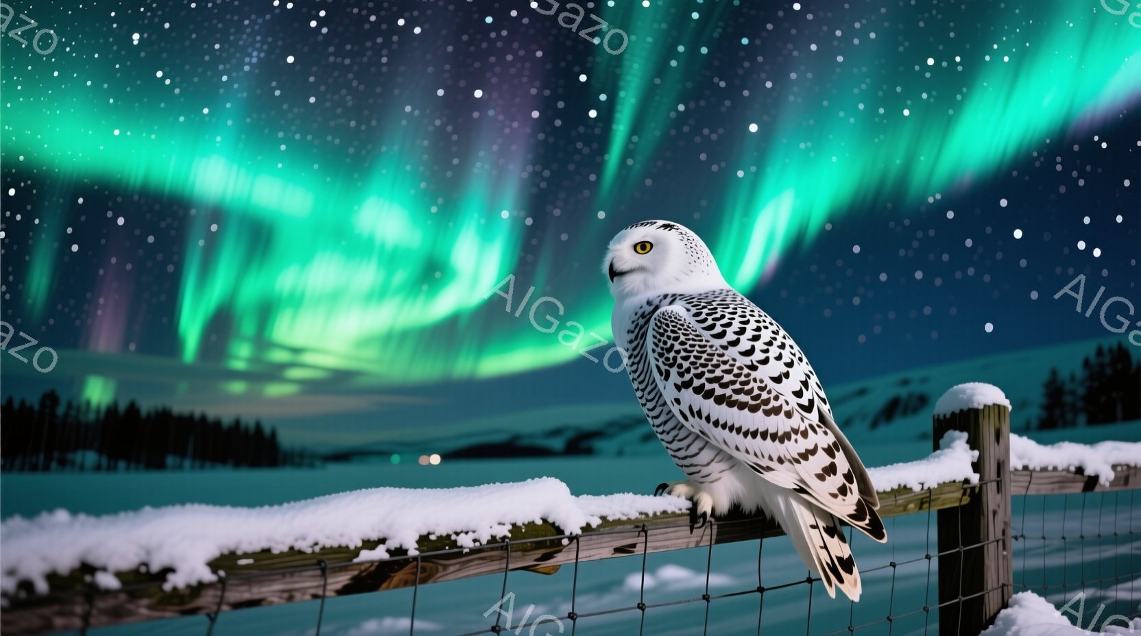 白い雪フクロウが、雪に覆われた木製の柵にとまっています。背景には、緑と紫が混ざり合ったオーロラが夜空を彩り、遠くには雪に覆われた森林が広がっています。全体的に、静かで幻想的な冬の風景が広がっており、フ - AI生成フリー素材