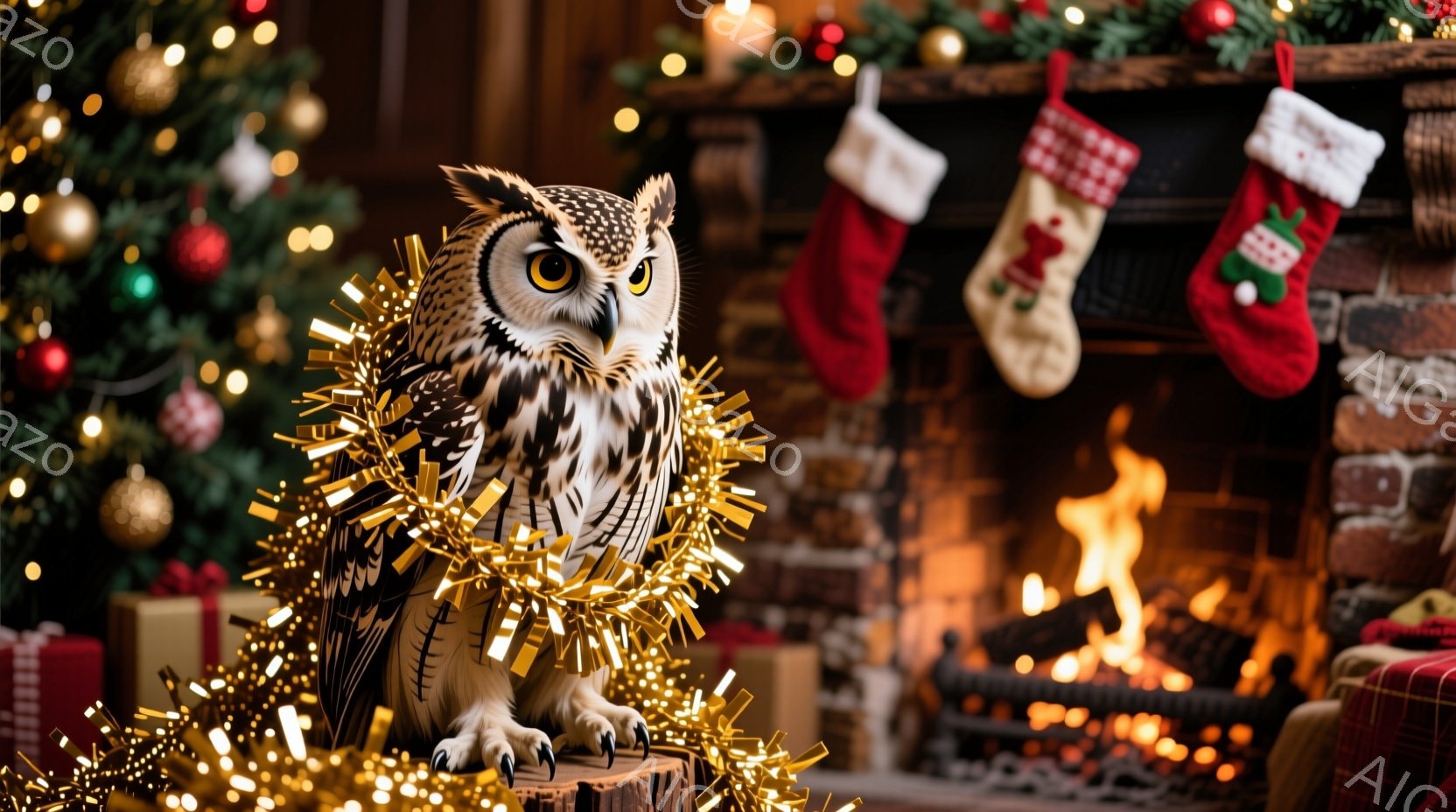 クリスマスツリーと暖炉のある室内で、大きなフクロウがプレゼントの横に座っています。フクロウは金色（きんいろ）のガーランドで首元が飾られ、鋭い眼差しで正面を見つめており、その姿は少しユーモラスで、クリス - AI生成フリー素材