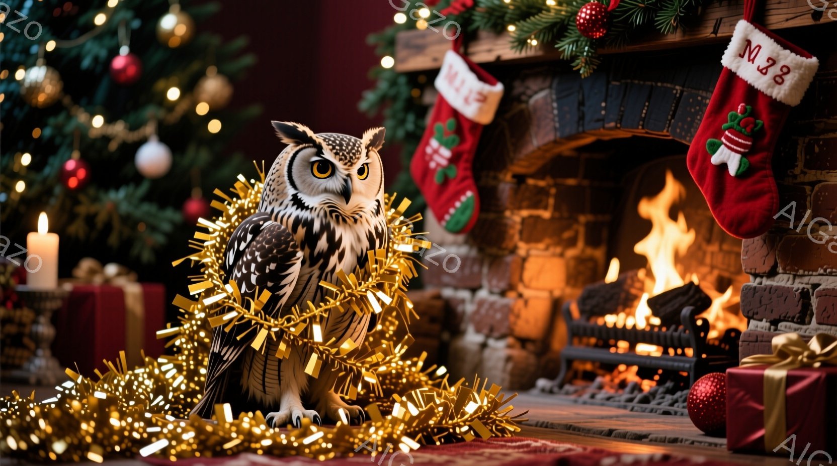 大きなフクロウがクリスマスツリーの足元で、金色のガーランドに囲まれて座っています。暖炉には火が灯っており、赤いクリスマスストッキングが掛けられ、プレゼントボックスが置かれています。全体的に暖かく、お祝 - AI生成フリー素材