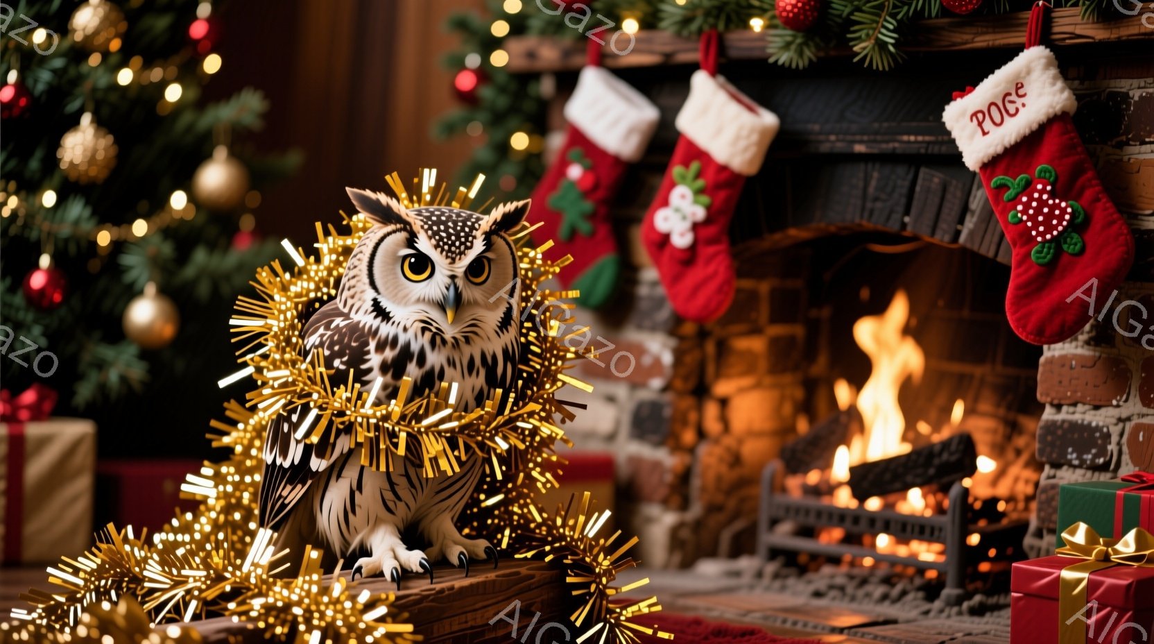 クリスマスを祝うフクロウが、暖炉のそばのプレゼント箱と飾り付けられたクリスマスツリーの前に座っています。フクロウは金色と銀色のガーランドに囲まれ、鋭い眼差しで正面を見つめており、冬の暖かくお祝いの雰囲 - AI生成フリー素材