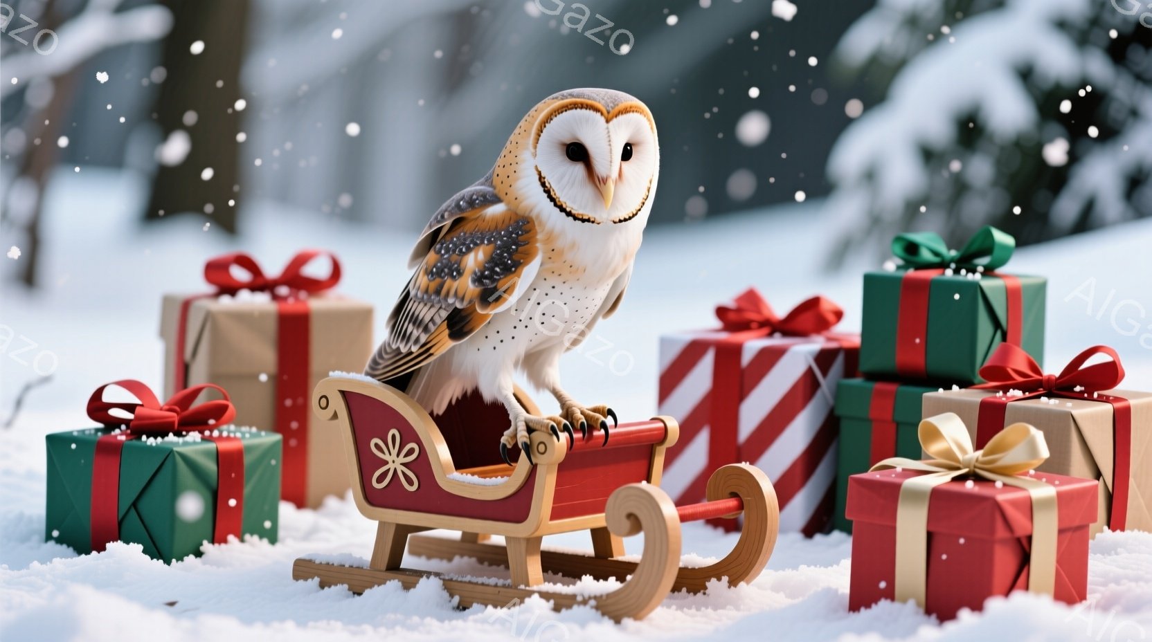 白い雪景色の中に、赤色のそりに座ったフクロウがいます。フクロウは鋭い眼差しで前を見つめ、そりの周りには緑と赤のリボンで飾られたプレゼントが積み上げられています。背景はぼやけた冬の森で、雪が静かに降り積 - AI生成フリー素材