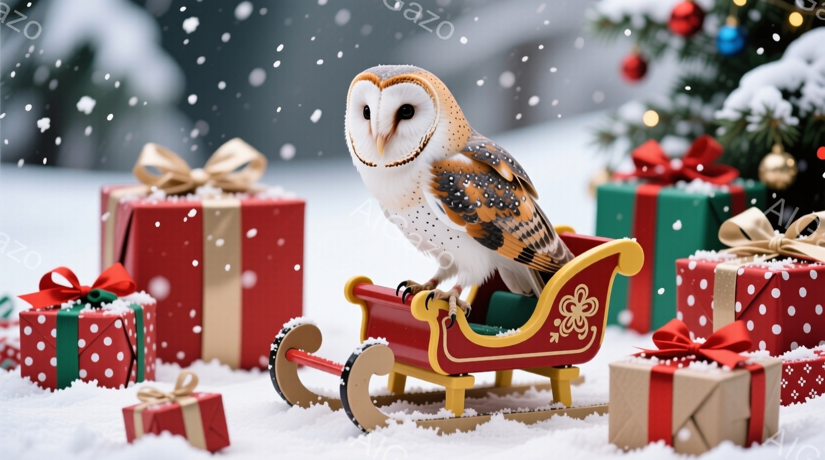 雪景色の中に、サンタクロースのソリに座ったフクロウが描かれています。フクロウは茶色と白の美しい模様を持ち、ソリには緑色の装飾が施されています。背景には、プレゼントボックスとクリスマスツリーが散りばめら - AI生成フリー素材