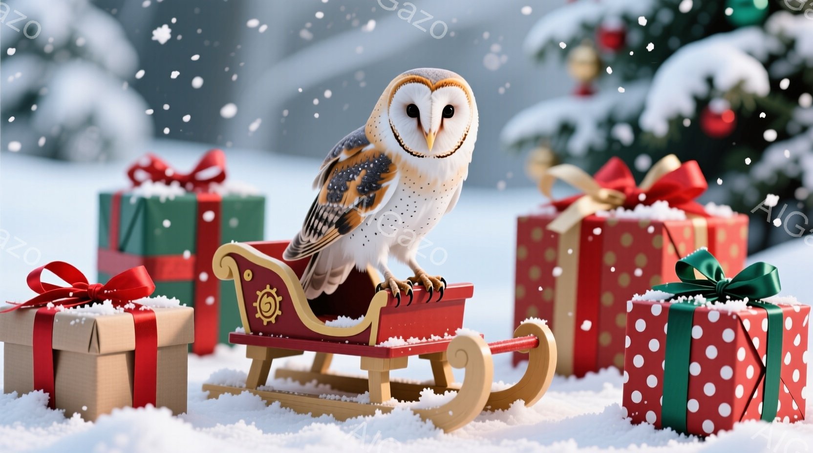 雪景色の中に、プレゼントボックスがいくつか置かれ、その上に小さなそりが置かれています。そりには、美しい模様のフクロウが優雅に座っており、鋭い眼差しで何かを見つめているようです。背景にはぼんやりと木々が - AI生成フリー素材