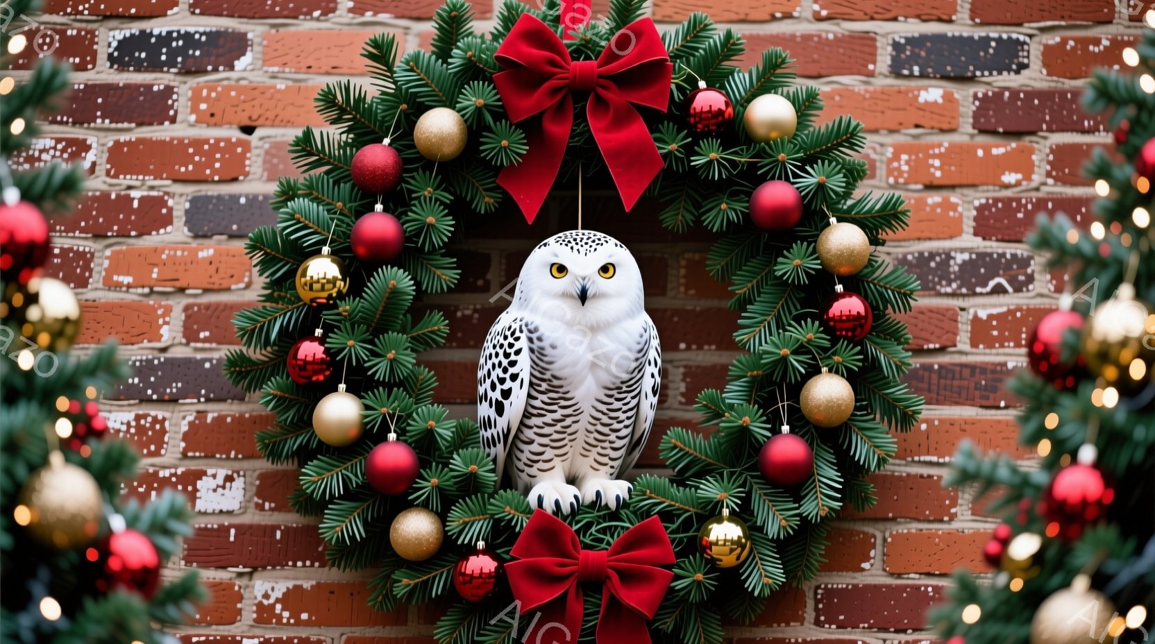 クリスマスリースの中に、雪のような白いフクロウが座っています。鮮やかな赤いリボンと金と赤のオーナメントがリースを飾り、背景にはレンガの壁とぼやけたクリスマスツリーが見えます。全体的に、温かくお祝いの雰 - AI生成フリー素材