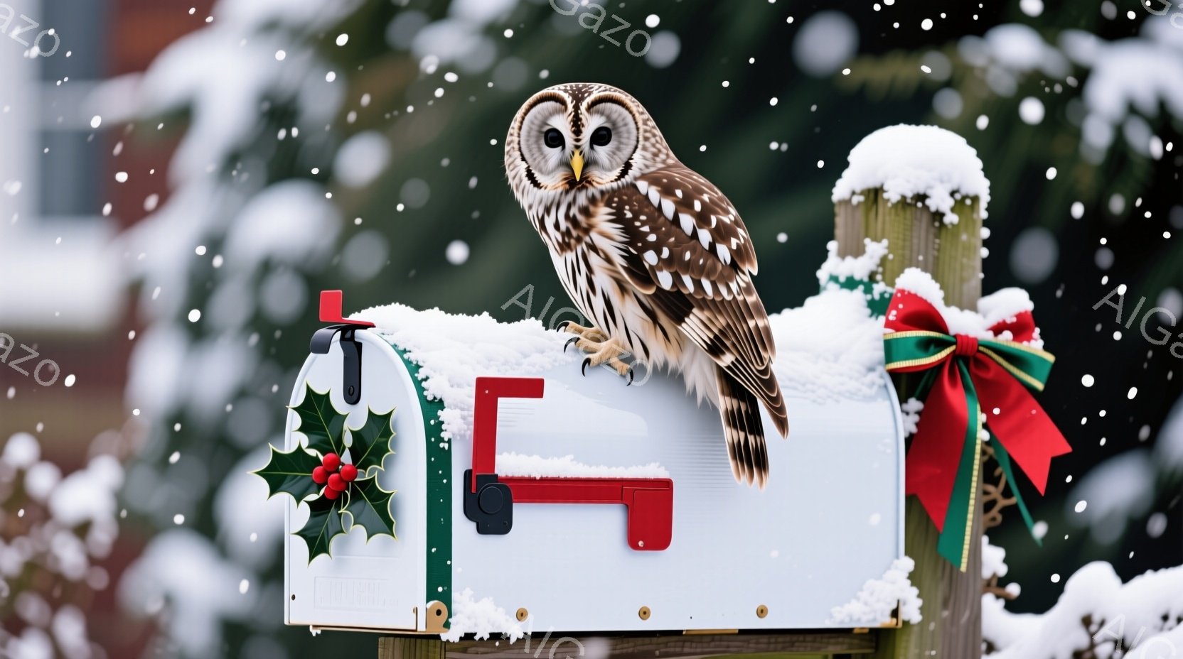 雪が降り積もる中、郵便受けに白いフクロウがとまっています。フクロウは正面を向き、鋭い眼差しで何かを見つめており、体には冬毛が生えています。背景には緑の木々と雪景色が広がり、クリスマスの飾り付けが郵便受 - AI生成フリー素材