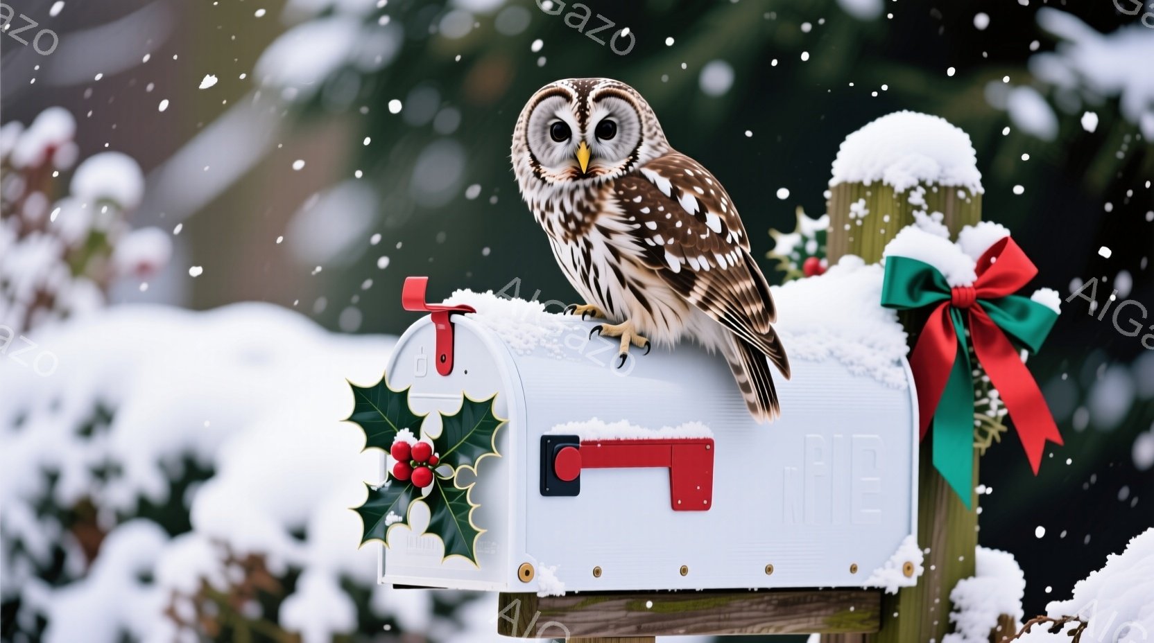 雪が降る中、白い郵便受けの上に、褐色の模様が美しいフクロウがとまっており、冬の静寂を感じさせます。郵便受けにはクリスマスホリーの飾りと赤いリボンがついており、季節感を演出しています。背景には緑の茂みが - AI生成フリー素材