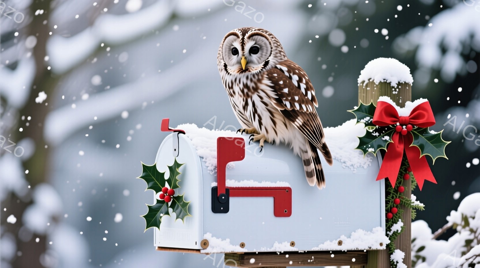 雪が降る冬の日に、白い郵便受けに止まったフクロウが描かれています。フクロウは茶色と白の斑点模様で、丸い目で正面を見ており、リラックスした様子です。郵便受けには赤いリボンと冬の葉っぱの飾り付けが施され、 - AI生成フリー素材