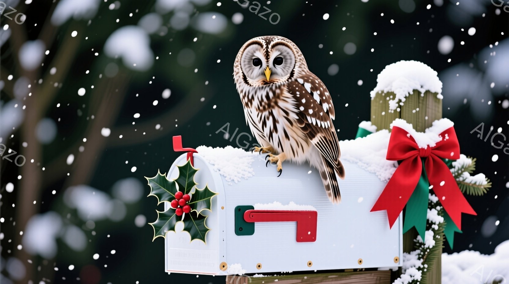 白い郵便受けの上に、茶色と白のまだら模様のフクロウがとまっています。郵便受けには赤いリボンと冬の葉が飾られており、雪が降り積もっています。背景は緑色の木々で、冬の静かで穏やかな雰囲気を醸し出しています - AI生成フリー素材