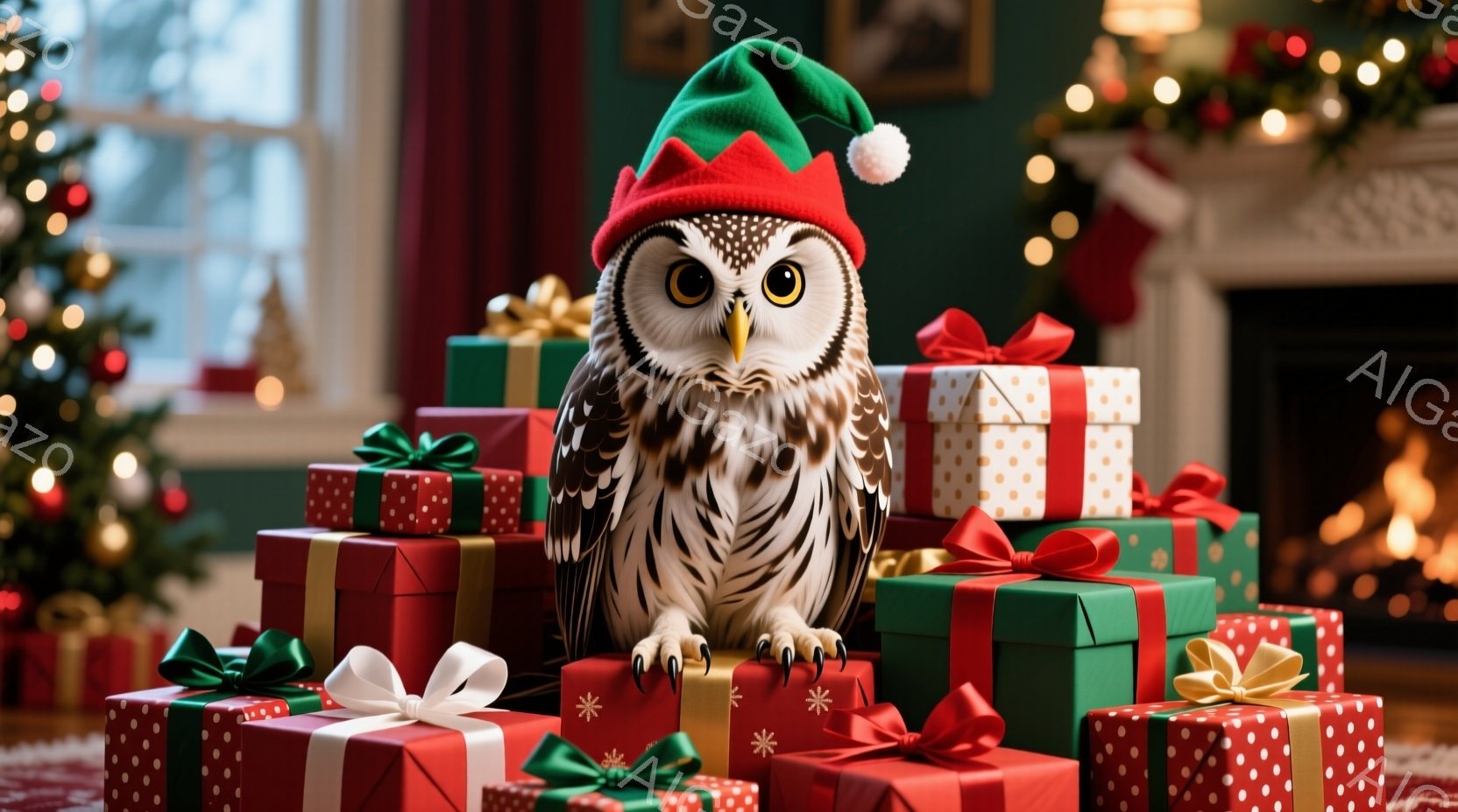 鮮やかなクリスマスプレゼントの山の上に、サンタ帽をかぶったフクロウが座っています。フクロウは正面を向き、丸い目で好奇心旺盛な表情をしています。背景にはクリスマスツリーの光がちらつき、暖炉の火が暖かく照 - AI生成フリー素材