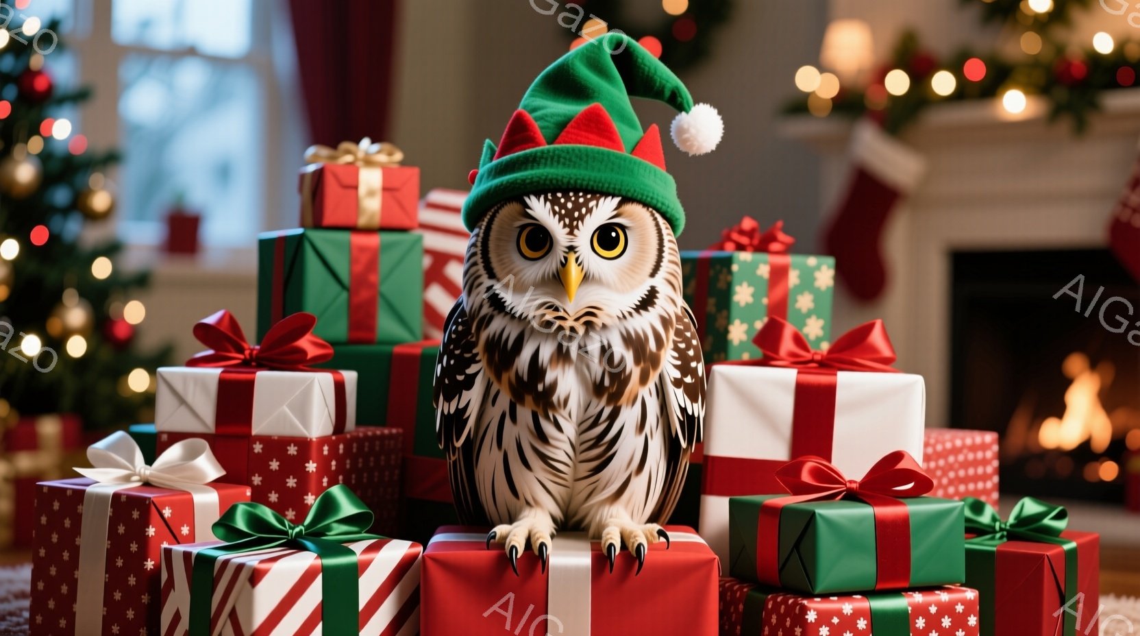 ふわふわのフクロウが、クリスマスプレゼントの山の上に座っており、赤いサンタの帽子をかぶっています。フクロウは真剣な表情で正面を見つめており、鋭い爪をプレゼントの上に置いています。背景にはクリスマスツリ - AI生成フリー素材
