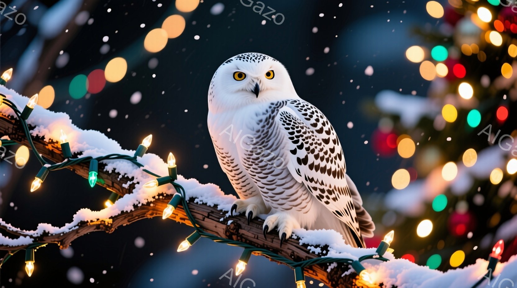 白い雪フクロウが、雪で覆われた木の枝にとまっています。枝にはカラフルなクリスマスライトが巻き付けられ、背景にはぼやけた緑色の木々と雪が舞う夜空が広がっています。フクロウは鋭い眼光で正面を見つめ、冬の夜 - AI生成フリー素材