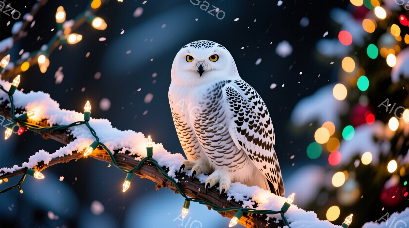 雪に覆われた枝に、白いフクロウが座っている。背景にはぼやけたカラフルなクリスマスライトが輝き、雪が舞っている様子が描かれている。フクロウは鋭い眼差しで正面を見つめ、冬の静寂と美しさを表現している。 - AI生成フリー素材