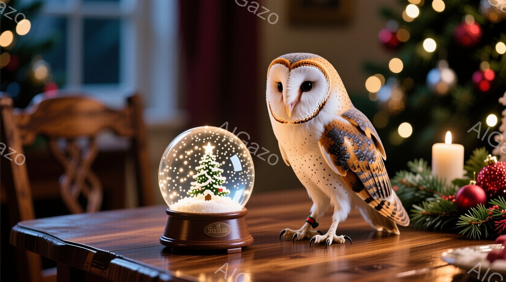 明るい木製のテーブルの上に、雪のグローブの横にメンフクロウが立っている。グローブの中には小さなクリスマスツリーがあり、雪が舞っているように見える。背景にはぼやけたクリスマスツリーと椅子があり、温かくお - AI生成フリー素材