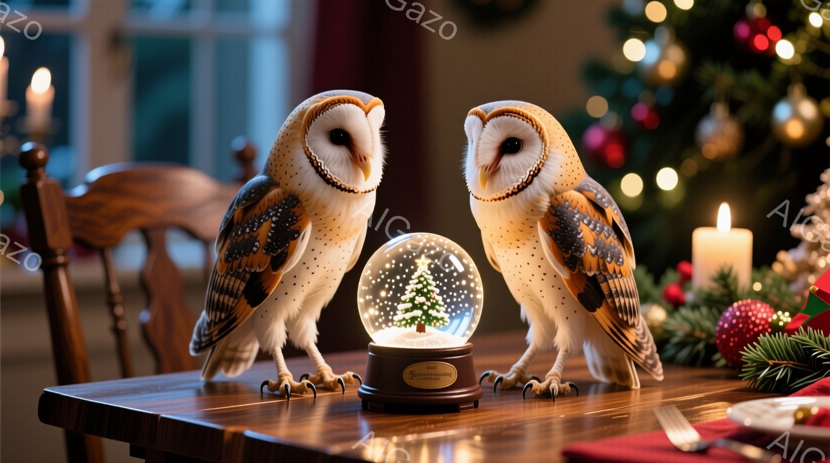 テーブルの上には、2羽のメンフクロウが寄り添うように立っており、クリスマスの飾り付けられた背景がぼやけて見えます。雪の結晶が舞う雪の玉の中には小さなクリスマスツリーがあり、暖かく、お祝いの雰囲気を作り - AI生成フリー素材