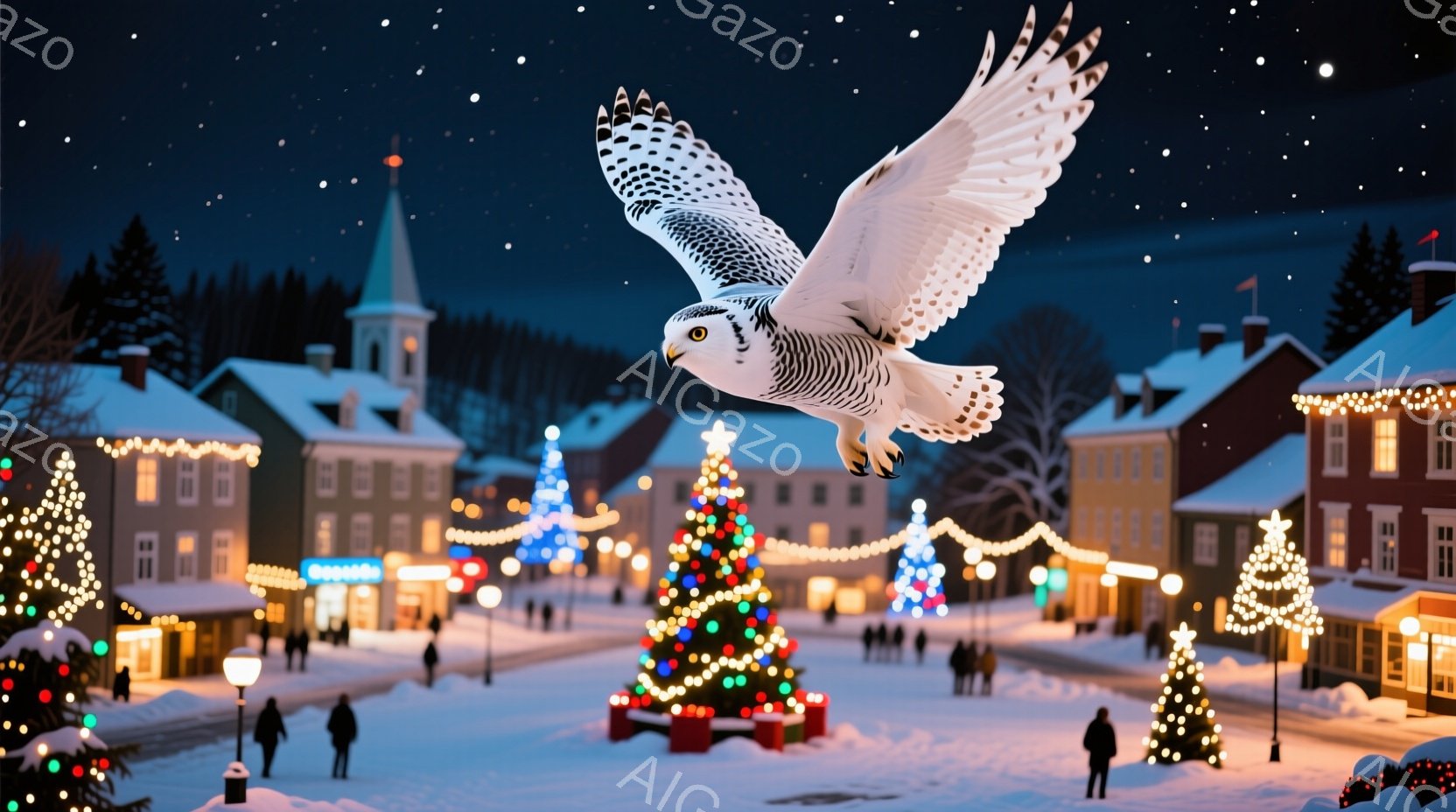 雪が降る夜の賑やかな町並みが描かれており、クリスマスツリーやイルミネーションで華やかに飾られています。人々は冬のコートを着ており、楽しげに歩き回っています。背景には可愛らしい建物が並び、空には翼を広げ - AI生成フリー素材