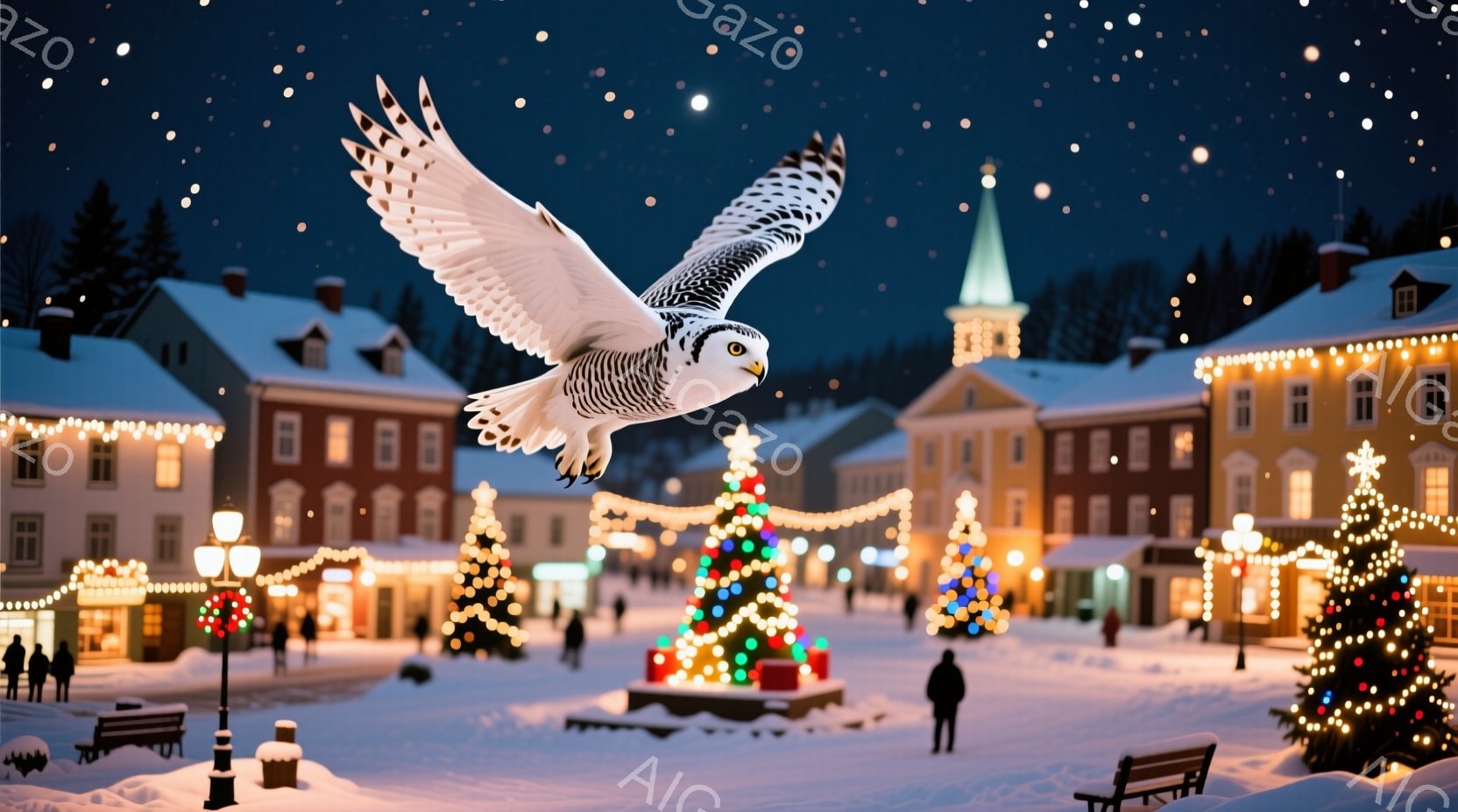 雪に覆われた街の中心に、クリスマスツリーが飾られ、夜空には星が輝いている。背景には、ライトアップされた建物が並び、人々が暖かい服装で散歩を楽しんでいる。一羽の大きなフクロウが翼を広げ、空を舞っている様 - AI生成フリー素材