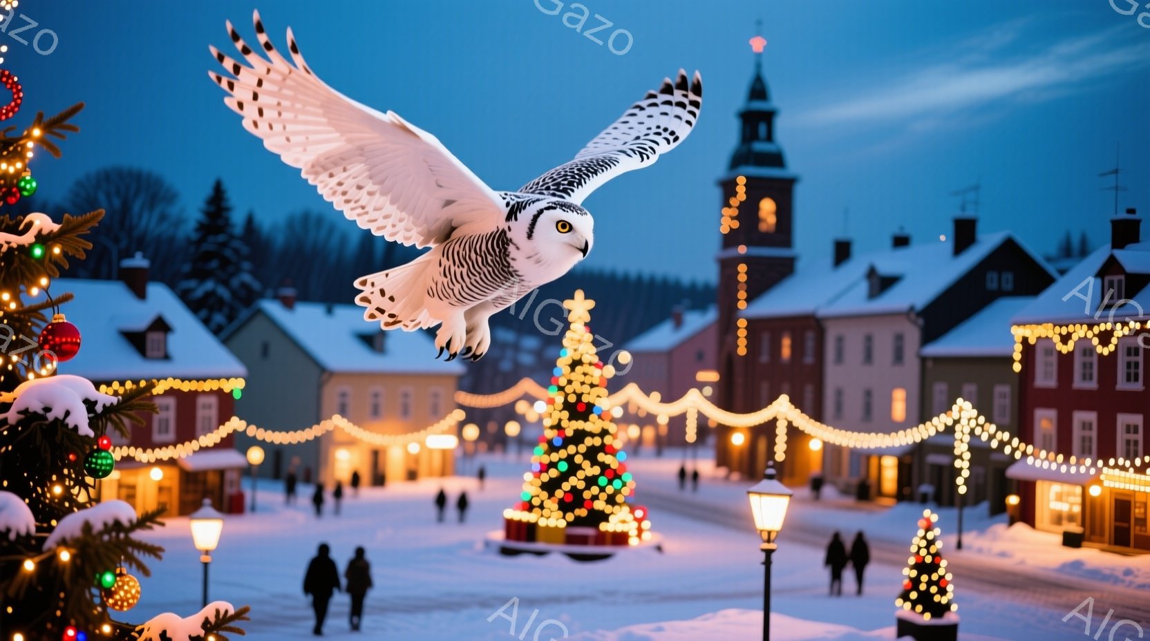雪景色の中に、クリスマスの飾り付けがされた街並みが広がっており、中央には高く輝くクリスマスツリーが聳え立っています。一羽の白いフクロウが、まるで祝福するかのように空を舞っており、人々は冬の装いで街を散 - AI生成フリー素材