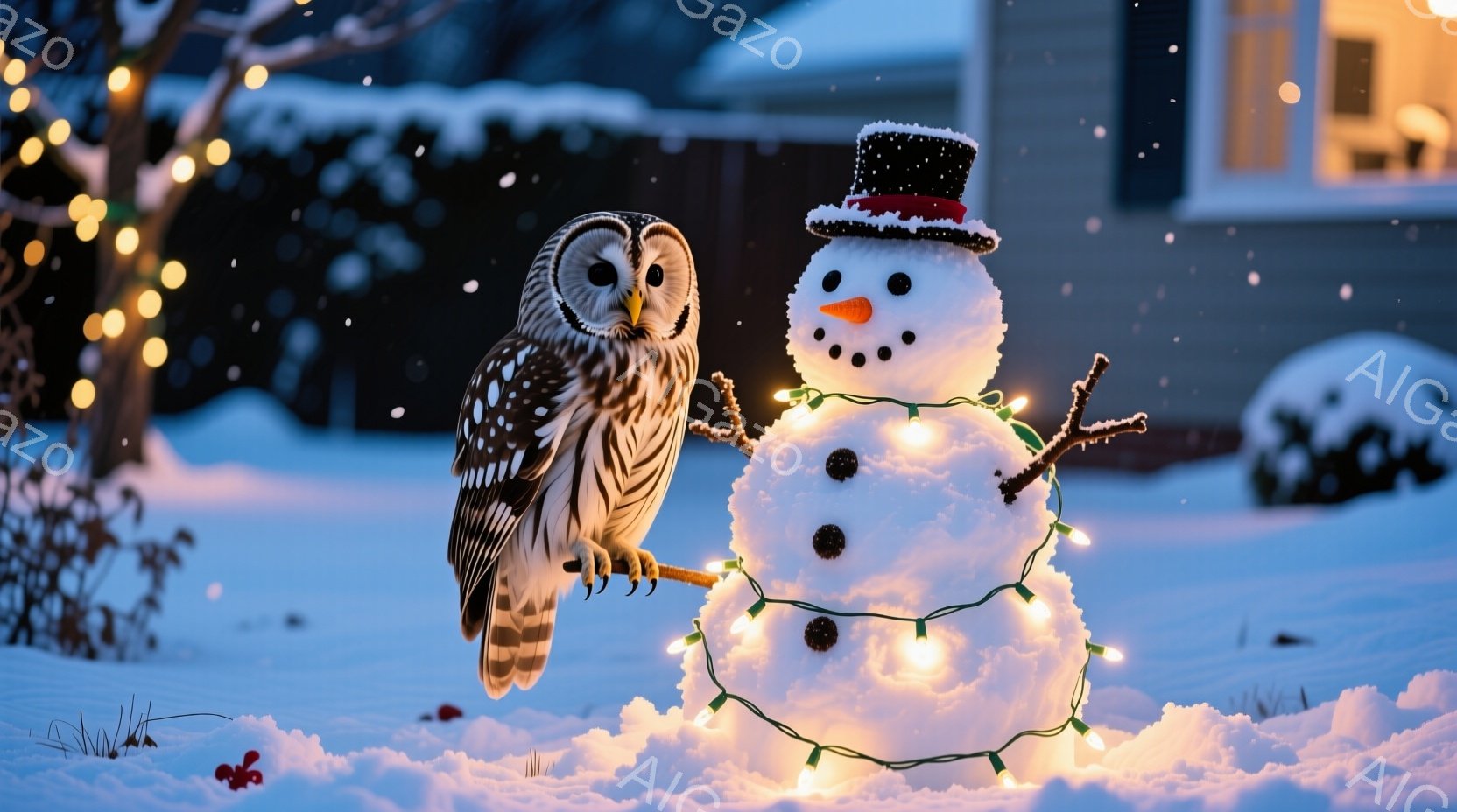 雪景色の中に、フクロウが雪だるまの隣に止まっています。雪だるまは黒い帽子をかぶり、にんじんの鼻と炭で作られた目と口を持っています。背景には家が見え、小さな光が点灯しており、雪が静かに降り積もる穏やかな - AI生成フリー素材