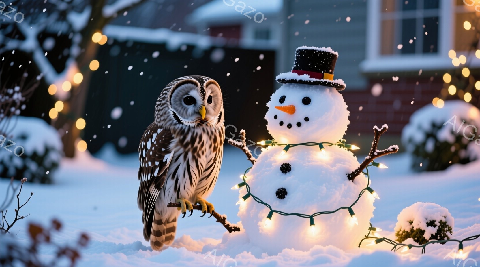 雪景色の中に、大きなフクロウが木の枝に止まり、雪だるまを見下ろしている。雪だるまはシルクハットをかぶり、光るイルミネーションで飾られ、にっこりと微笑んでいる。背景には、ぼんやりと見える家々と、雪に覆わ - AI生成フリー素材