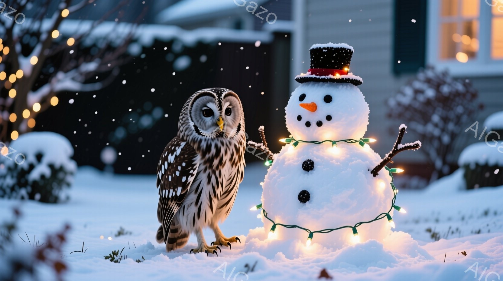 雪景色の中で、大きなメンフクロウが雪だるまと並んで立っている。雪だるまは黒い帽子をかぶり、オレンジ色の鼻と、石ころでできた目とボタンを持つ。背景にはぼんやりと家が見え、空は薄暗く、雪がちらちらと舞って - AI生成フリー素材