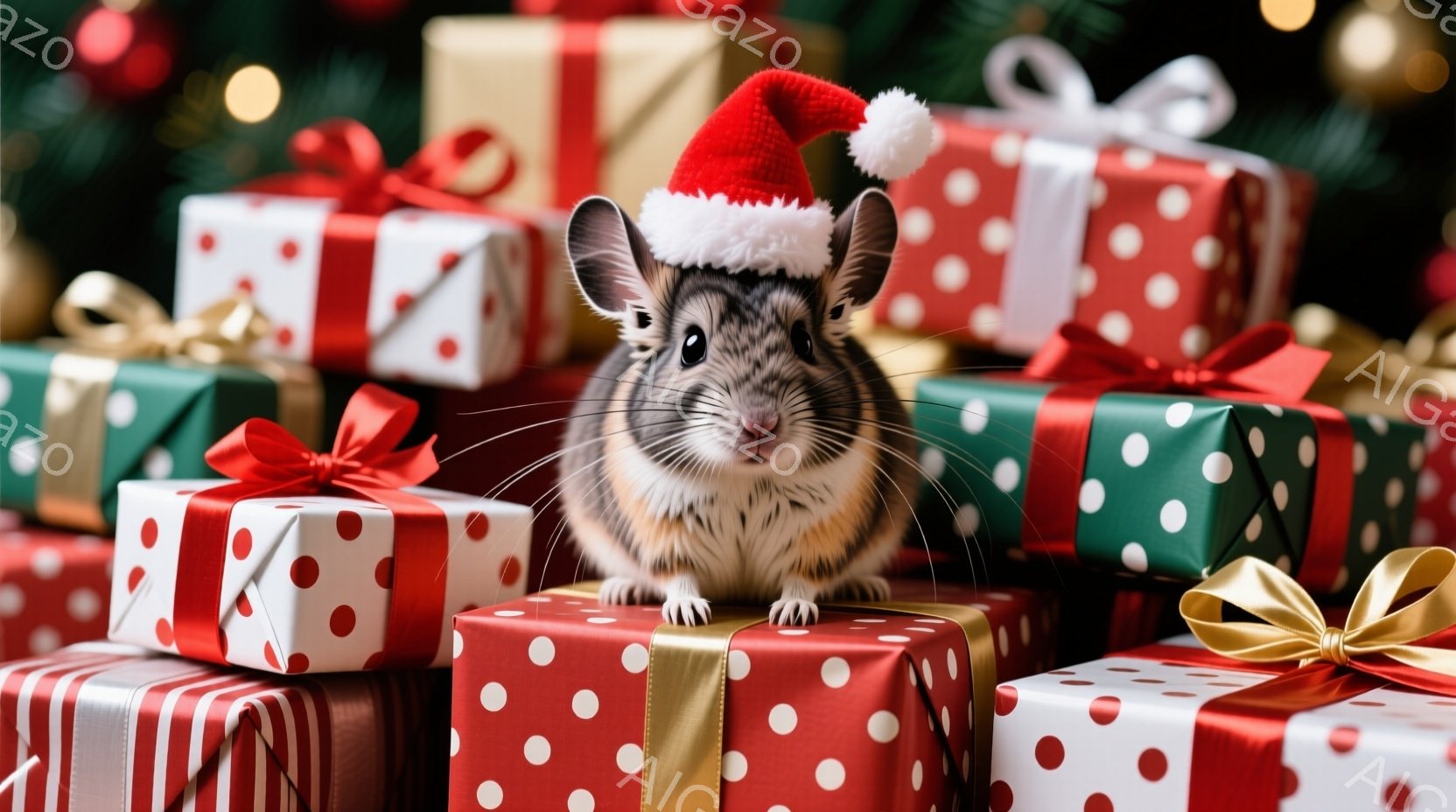 ハムスターがクリスマス柄のプレゼントの山の上に座り、赤いサンタ帽子をかぶっている。その表情は少し驚いたようで、前足を揃えてこちらを見つめている。背景には、さまざまな色と模様のラッピングされたプレゼント - AI生成フリー素材