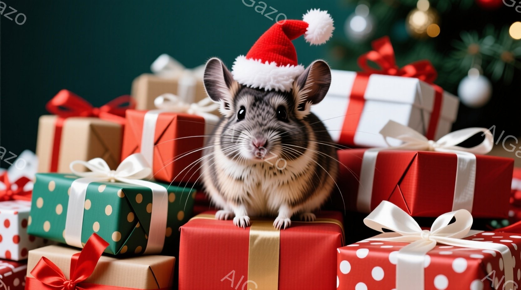白と茶色の小さなハムスターが、赤色のサンタ帽をかぶって、色とりどりのプレゼントの山の上に座っています。ハムスターは前足を揃えており、少し緊張した表情で正面を見ています。背景には緑色のクリスマスツリーと - AI生成フリー素材