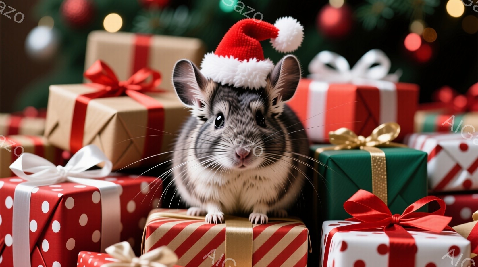 白と灰色の毛並みのハムスターが、クリスマスのサンタ帽をかぶってプレゼントの山の上に座っています。その表情は穏やかで、まるでプレゼントを守っているかのようです。背景には、様々なラッピングペーパーで包まれ - AI生成フリー素材
