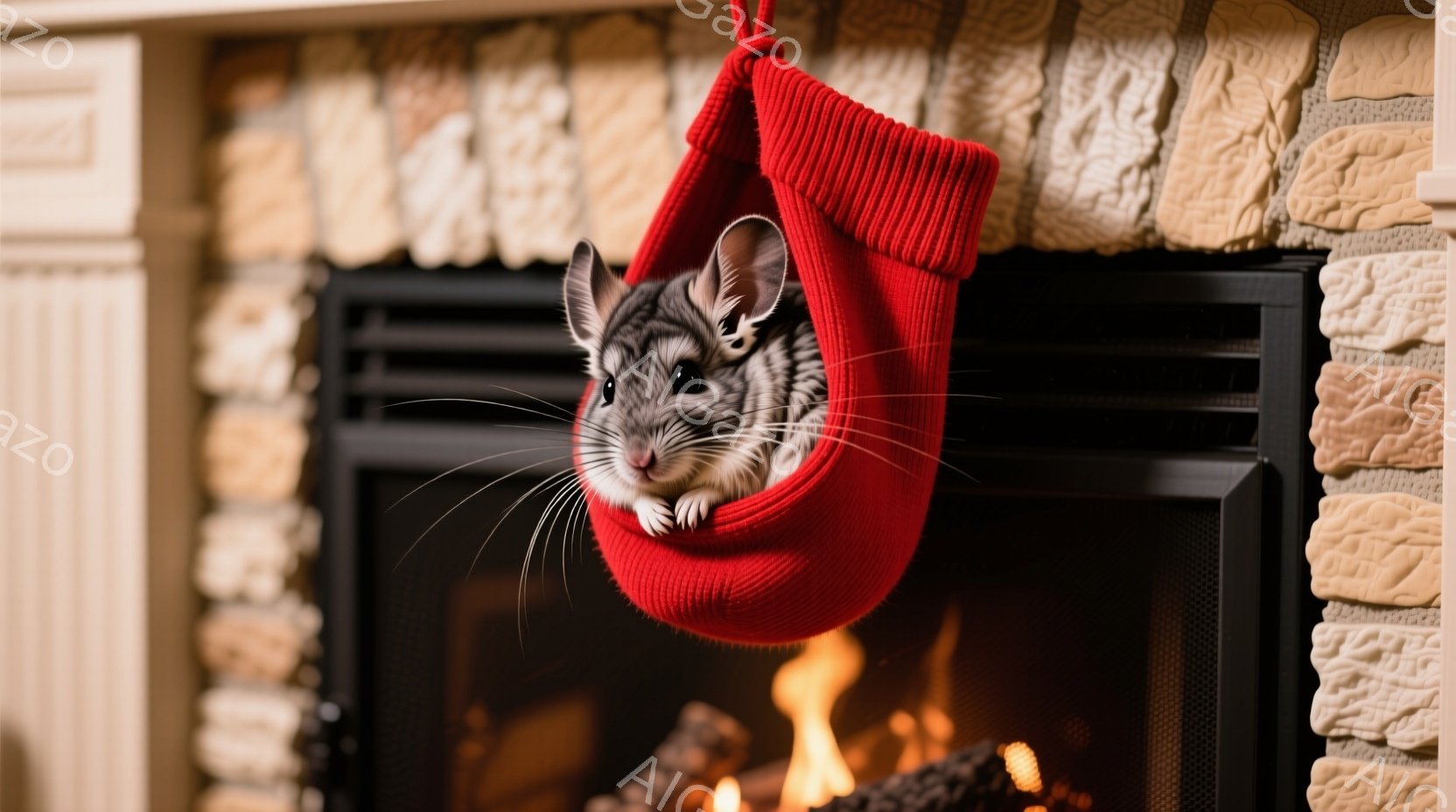 縞模様のハムスターが赤い靴下の中に座っており、小さな前足で縁を掴んでいるように見える。背景にはレンガ造りの暖炉があり、中には燃え盛る炎と黒い炭が見え、暖かく快適な雰囲気を作り出している。ハムスターの表 - AI生成フリー素材