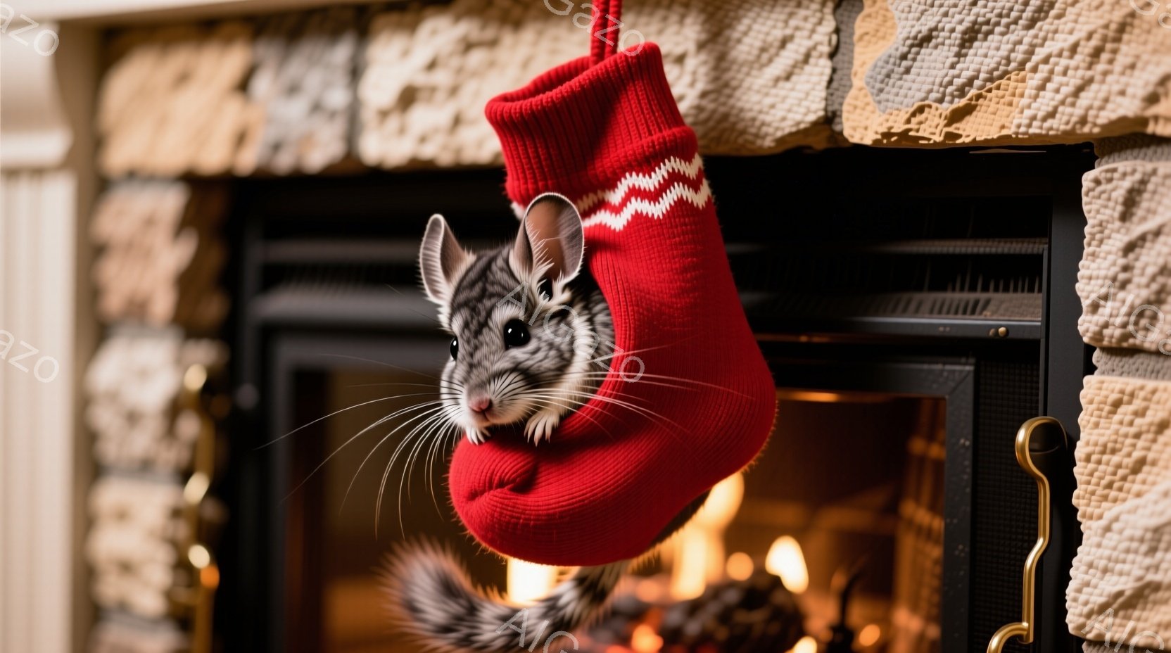 茶色のレンガの暖炉の前で、縞模様の赤い靴下の中に可愛らしいチーマウスが座っています。その表情は好奇心旺盛で、少し警戒しているようにも見えます。暖炉の中では炎が揺らめき、温かく心地よい雰囲気を醸し出しています。