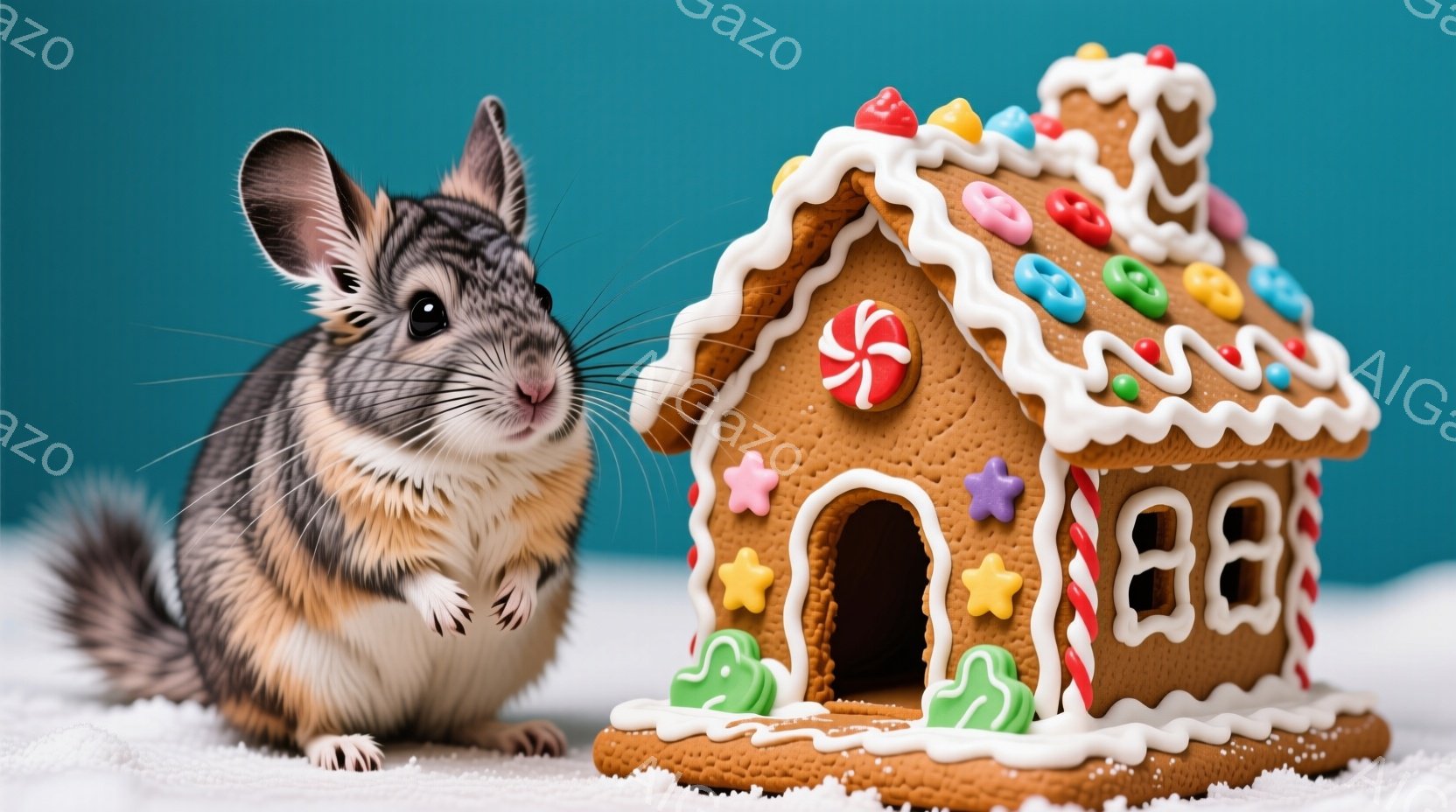 茶色の毛並みを持つ小さなハリネズミが、雪のような白い背景の上に置かれたジンジャーブレッドハウスの前に立っています。ハリネズミは前足を伸ばしてこちらを見ており、ジンジャーブレッドハウスはカラフルなキャン - AI生成フリー素材