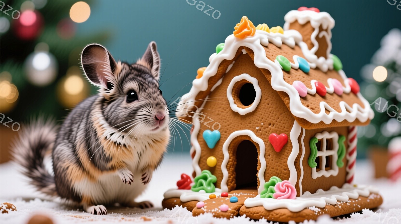 縞模様の小さなモルモットが、雪のような白い地面に座り、大きなジンジャーブレッドハウスを見つめています。ジンジャーブレッドハウスはカラフルなキャンディやアイシングで飾られ、まるで物語に出てくるお菓子のような家です。背景にはぼやけたクリスマスツリーが見え、冬の温かく幸せな雰囲気が漂っています。