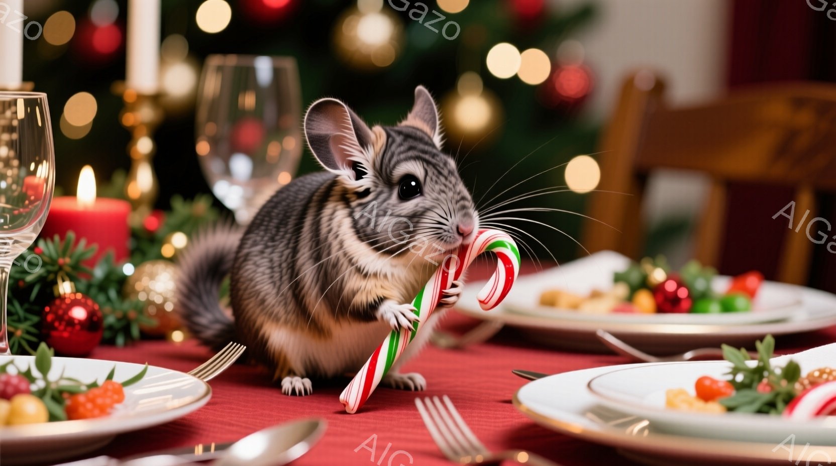 赤いテーブルクロスの上に、可愛らしいチーターが赤と白のキャンディケーンをくわえています。背景には、ぼやけたクリスマスツリーやキャンドル、食卓が広がり、お祝いの雰囲気が漂っています。全体的に暖かく、遊び心のある、クリスマスの食卓を舞台にした可愛らしい光景です。