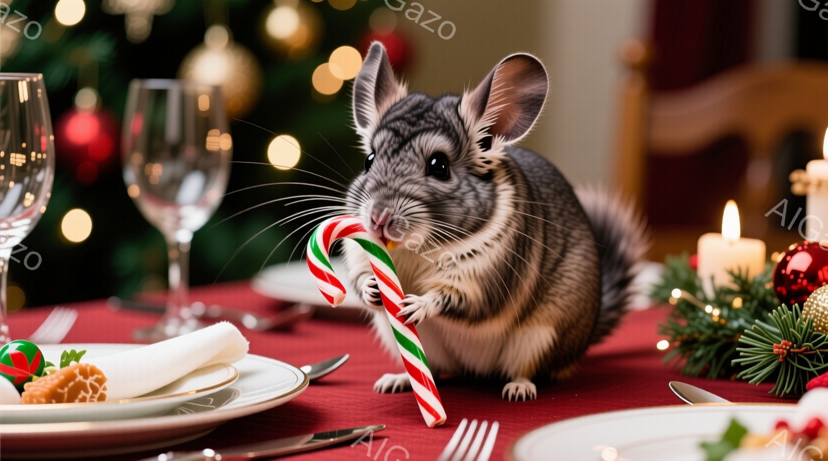 クリスマスを祝うかのように、テーブルの上に座ったモルモットが赤い縞模様のキャンディケーンを両手で抱えています。背景にはぼやけたクリスマスツリー、キャンドル、食器が配置され、温かくお祝いムードを醸し出し - AI生成フリー素材