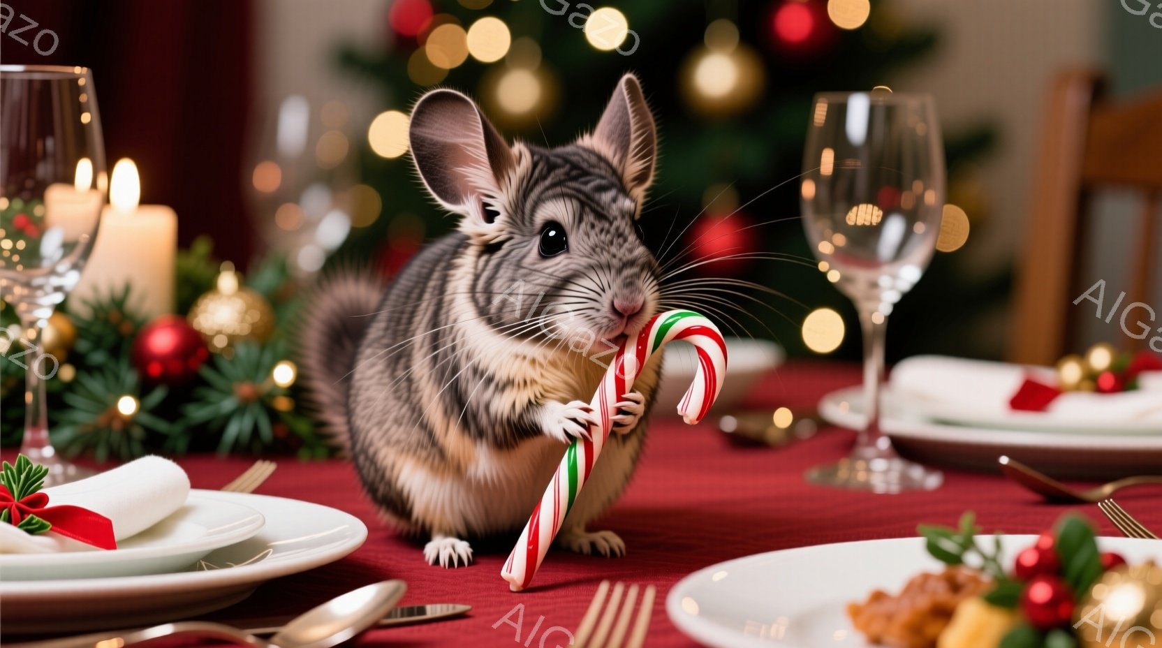 クリスマスをテーマにしたダイニングテーブルに、小さなモルモットが赤い縞模様のキャンディケーンを口にくわえています。背景にはぼやけたクリスマスツリーの光が輝き、赤いテーブルクロスの上にはクリスマスオーナメントや食器が並べられています。全体的に温かく、お祝いムードに満ちた雰囲気です。