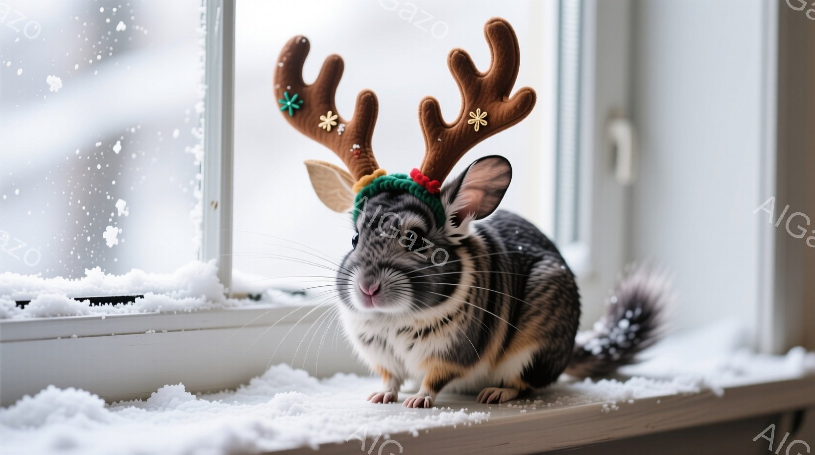 白と灰色の毛並みを持つチンチラが、クリスマスのトナカイの角のような飾りを頭に付けて座っています。その表情は穏やかで、少し好奇心旺盛そうに見え、背景には雪が降る窓辺の白い窓枠が見えます。全体的に、冬の季 - AI生成フリー素材