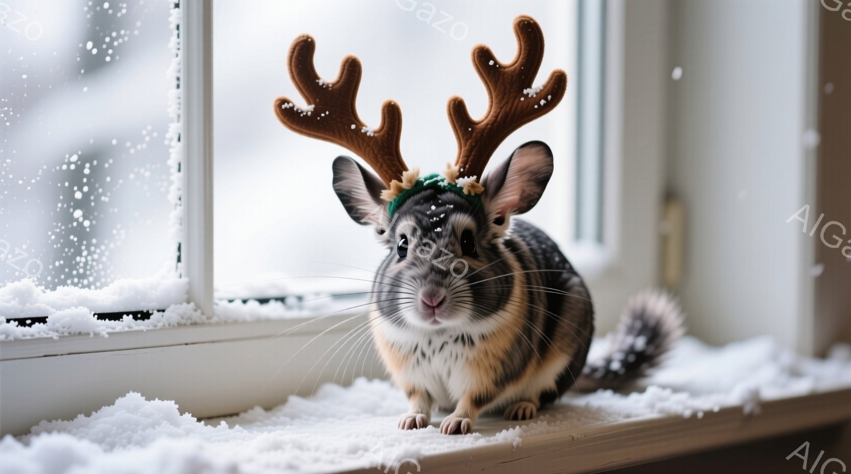 白い窓枠に、小さな茶色と白の模様のハムスターが座っています。頭にはトナカイの角の飾りをつけており、可愛らしい表情で正面を見ています。窓の外は雪景色で、冬の静かで温かい雰囲気が漂っています。 - AI生成フリー素材
