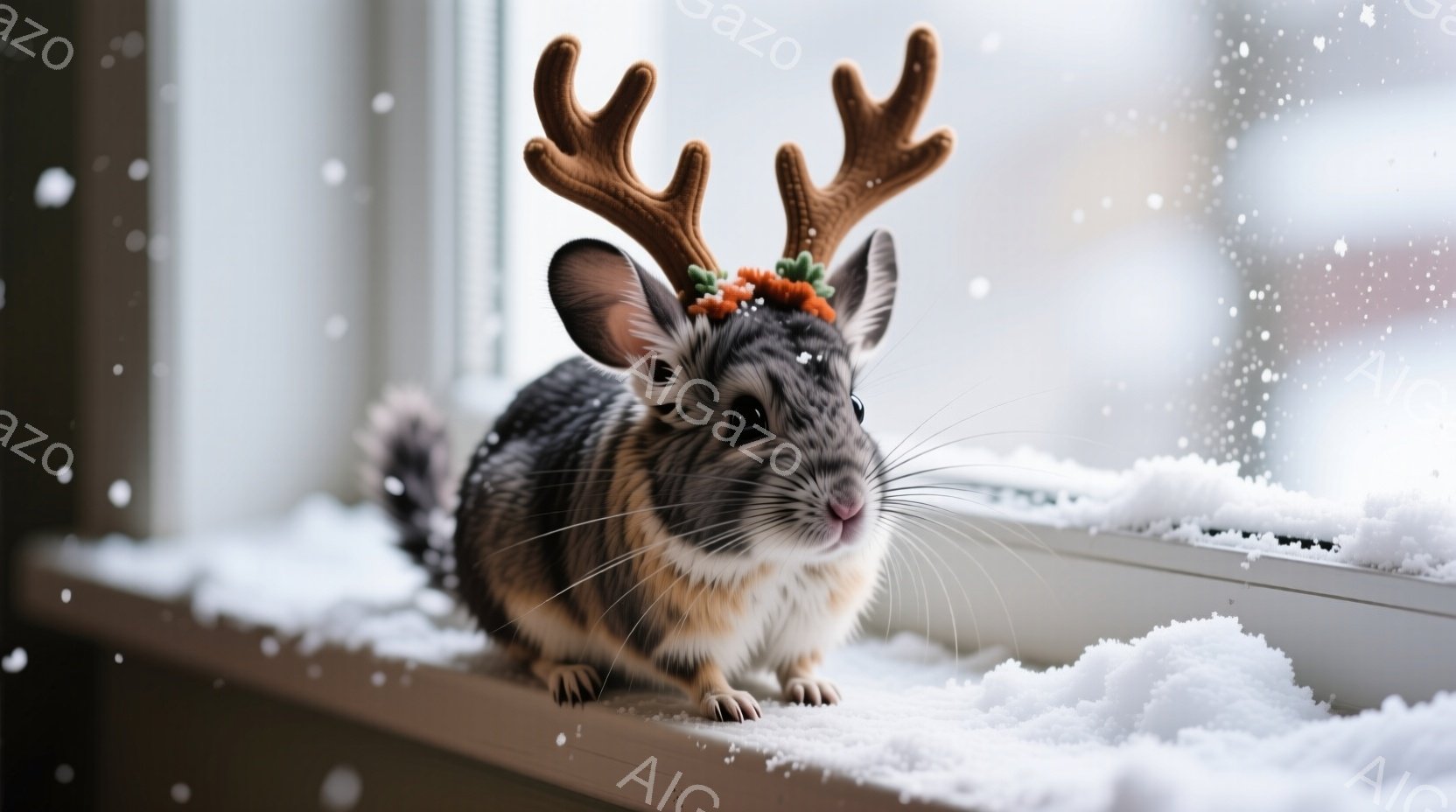 小さなハムスターが雪の降る窓辺に座っており、頭には小さなトナカイの角飾りをつけています。その表情は好奇心旺盛で、カメラに向かってまっすぐ前を見つめています。背景はぼやけた雪景色で、冬の静かで温かい雰囲 - AI生成フリー素材