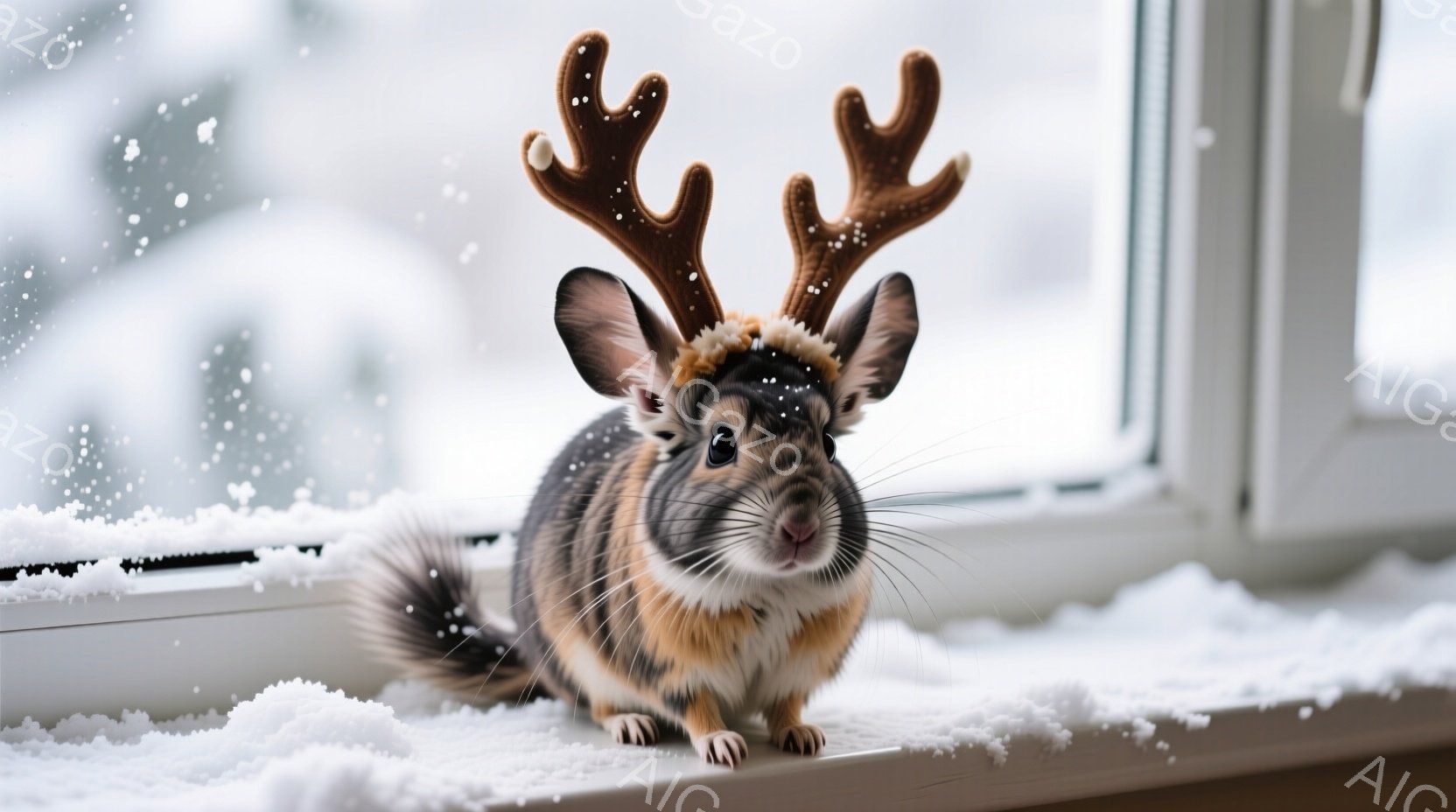 小さなハムスターが白い窓辺に座り、小さなトナカイの角を頭に載せています。毛並みは茶色と白で、つぶらな瞳がこちらを見ており、少し驚いたような愛らしい表情をしています。背景には雪が降り積もり、冬の静かな雰 - AI生成フリー素材
