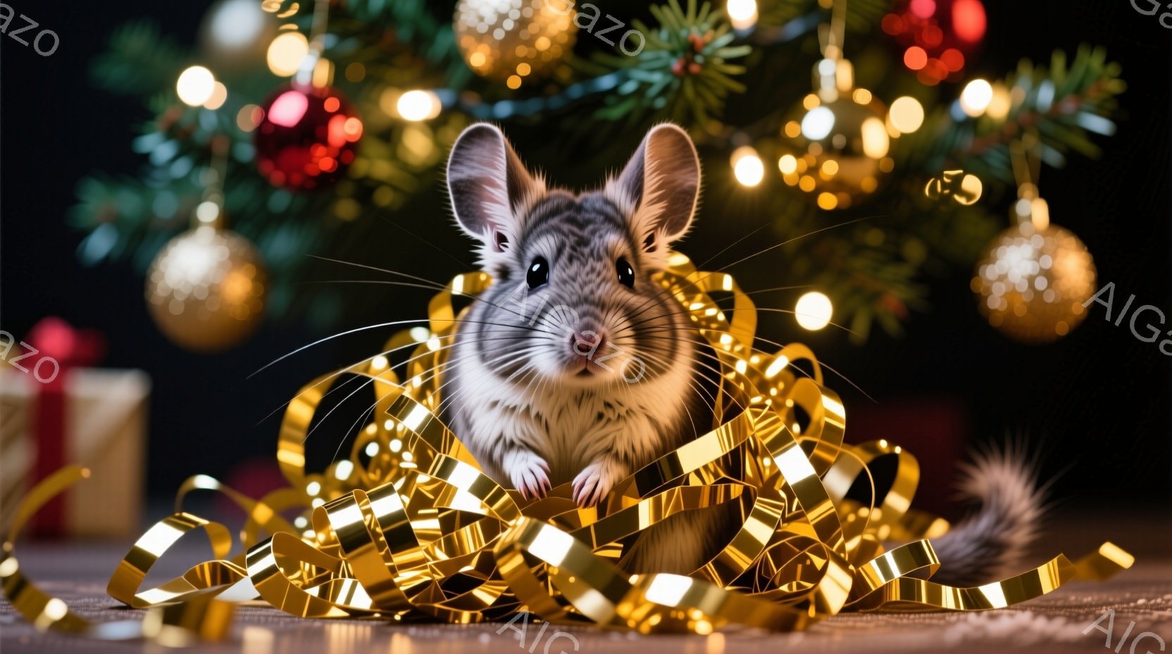 白い毛並みの小さなデグーが、金色に輝くリボンに囲まれて座っています。背景には、クリスマスツリーのぼんやりとした光と、プレゼントの箱がいくつか見え、祝祭の雰囲気を醸し出しています。デグーは好奇心旺盛な表 - AI生成フリー素材