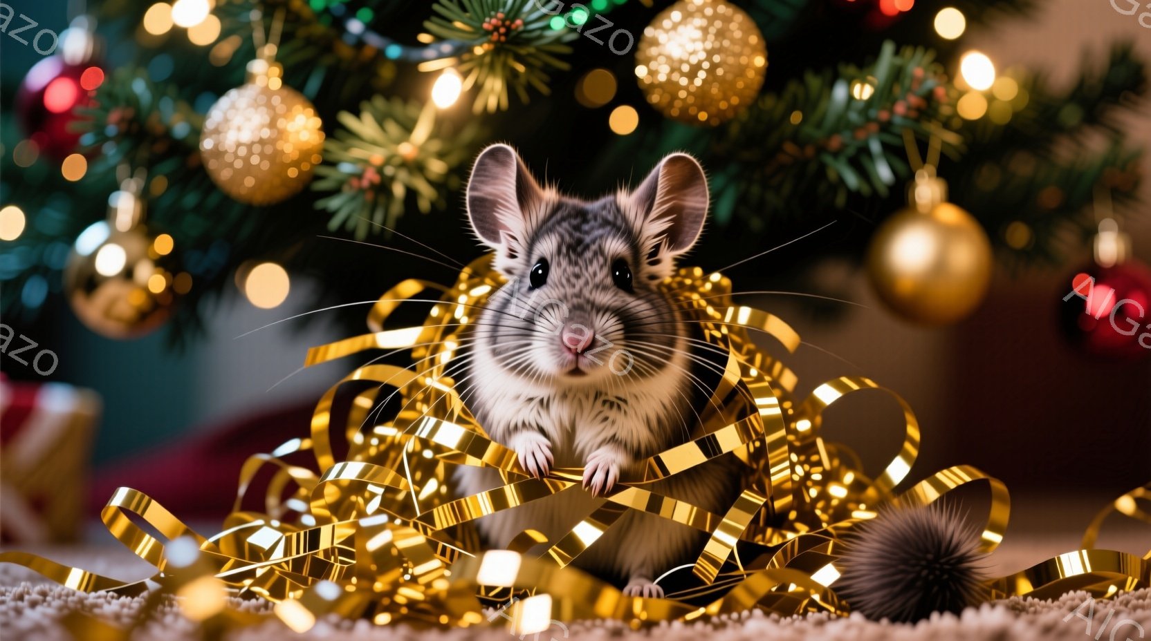 クリスマスツリーの前で、かわいらしいハツカネズミが金色のリボンに囲まれています。つぶらな瞳で正面を見つめ、小さな鼻をピクピク動かしている様子はとても愛らしいです。背景にはぼやけたクリスマスツリーの飾り - AI生成フリー素材