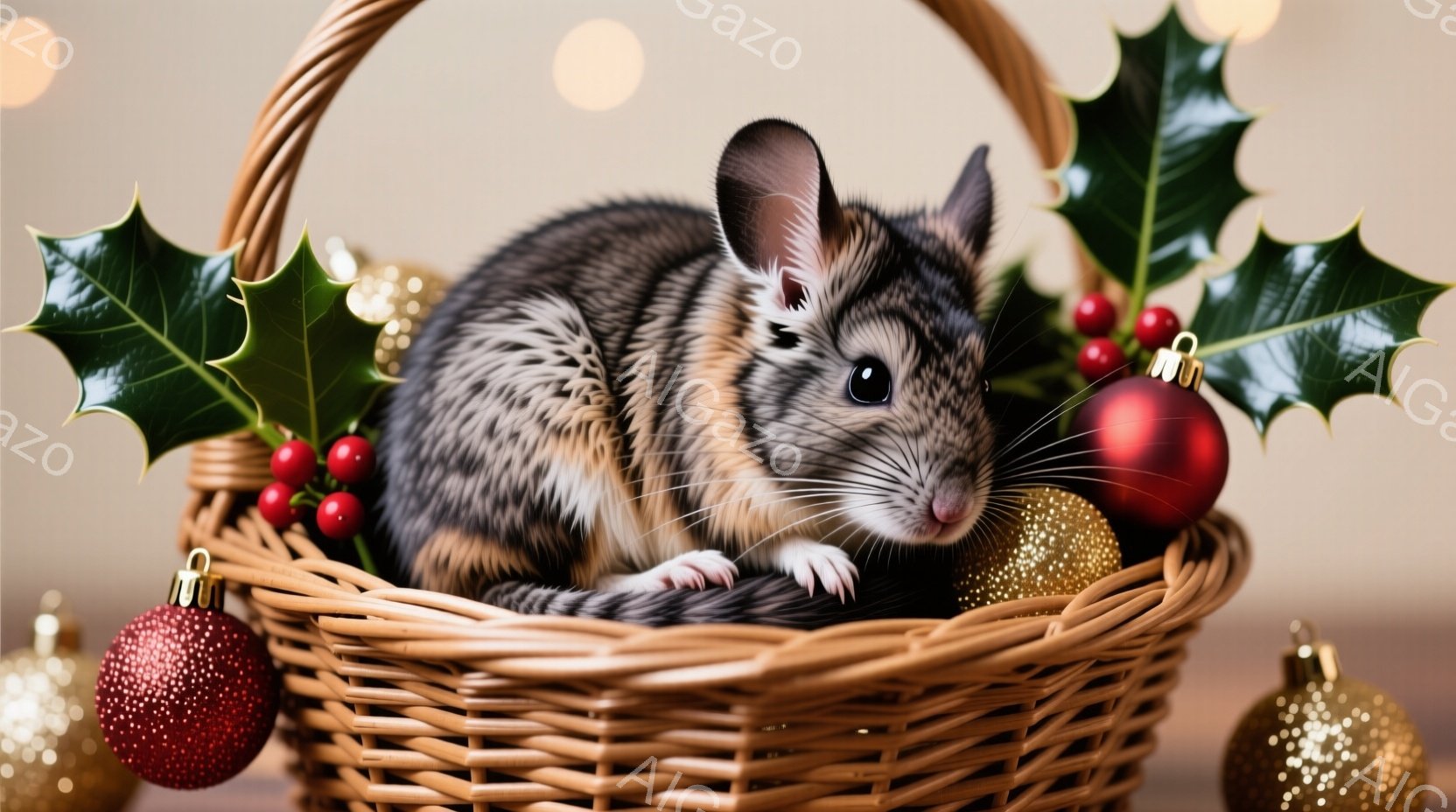 茶色と白の毛並みを持つ小さなネズミが、クリスマスオーナメントと葉で飾られた籐のバスケットの中に丸まって座っています。その表情は穏やかで、少し眠たげな印象を与え、背景にはぼやけた光の玉が散りばめられています。全体的に、温かく、居心地の良いクリスマスの雰囲気が漂っています。