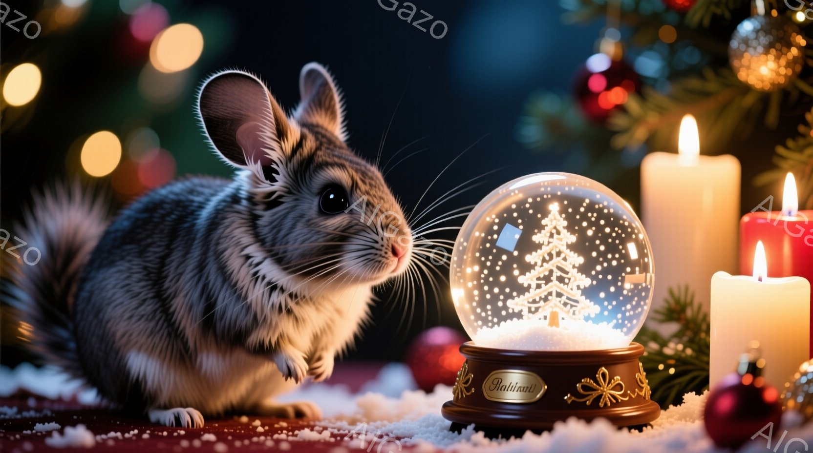 暖炉の赤い布の上に座る小さなリスが、雪の結晶で覆われたクリスマスのオーナメントであるスノーグローブを見つめている。背景には、ぼんやりとしたクリスマスツリーと点灯したキャンドルが暖かく、穏やかな冬の雰囲 - AI生成フリー素材