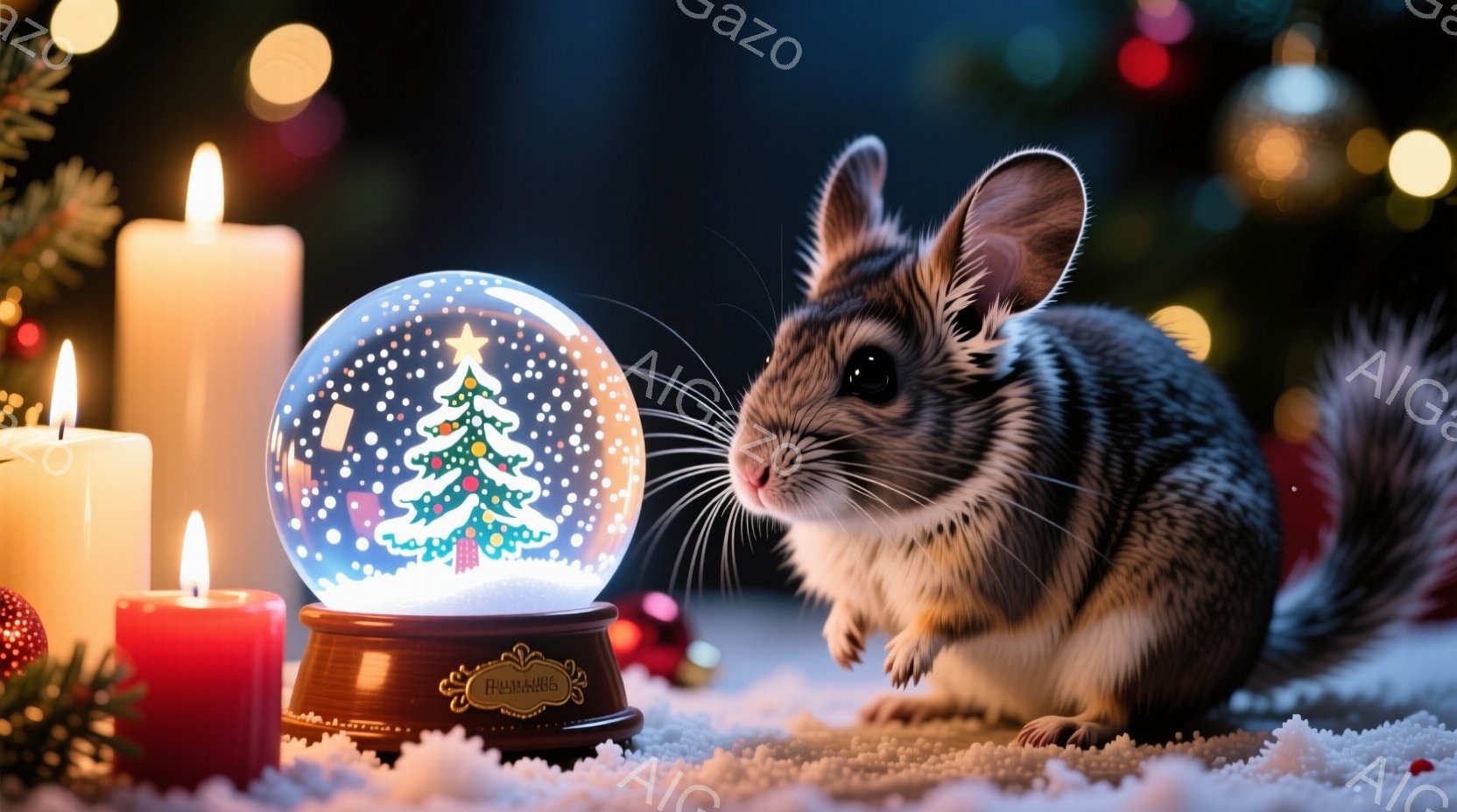 雪の上に置かれたクリスマスのスノーグローブと、その隣に興味津々で佇むハムスターが描かれています。スノーグローブの中にはクリスマスツリーが雪と共に揺らめき、暖かく幻想的な雰囲気を醸し出しています。背景に - AI生成フリー素材