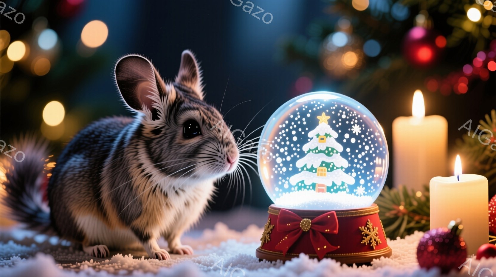 白く雪が積もった地面に、可愛らしい縞模様のハムスターが雪のグローブを見つめています。グローブの中には、雪に覆われた家々とクリスマスツリーが描かれており、赤いリボンと金色の装飾が施された台座の上に置かれ - AI生成フリー素材