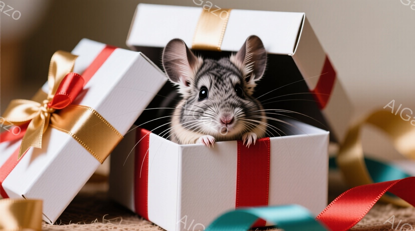 白いギフトボックスの中に、可愛らしいハムスターが顔を出しています。ハムスターは好奇心旺盛な表情で、前足で箱の縁につかまり、周囲を見渡しているようです。背景には、赤いリボンや他のギフトボックスが散らばり - AI生成フリー素材