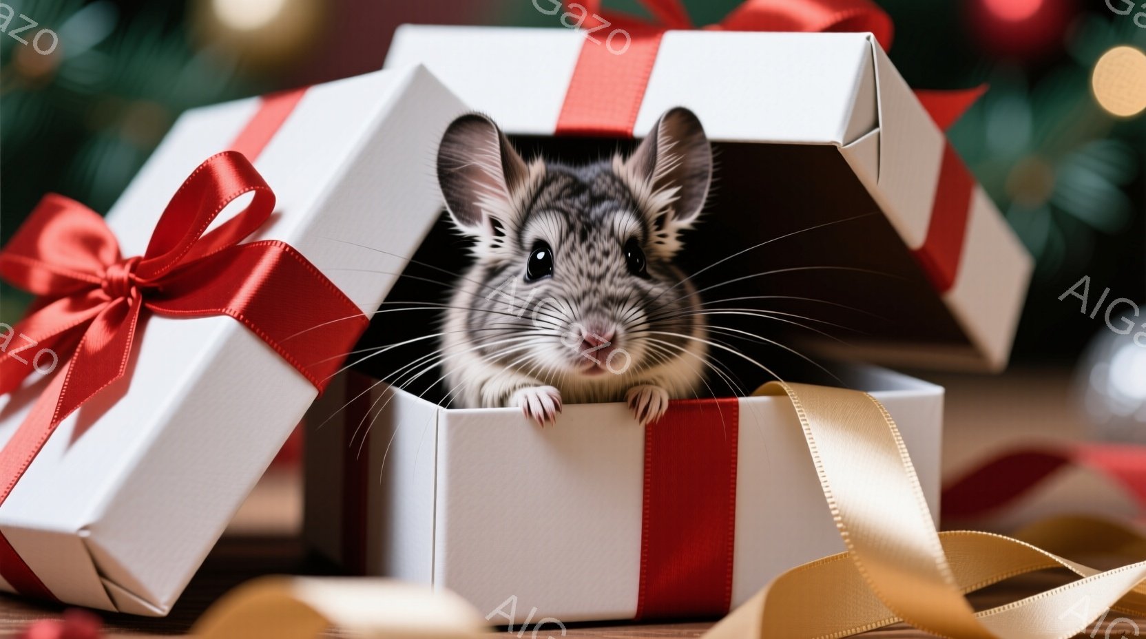 白いギフトボックスから顔を出し、片手を伸ばしているハムスターが写っています。ボックスは赤いリボンで飾られ、背景にはぼやけた緑色のクリスマスツリーが見えます。暖かく、お祝いの雰囲気が漂い、可愛らしいハム - AI生成フリー素材